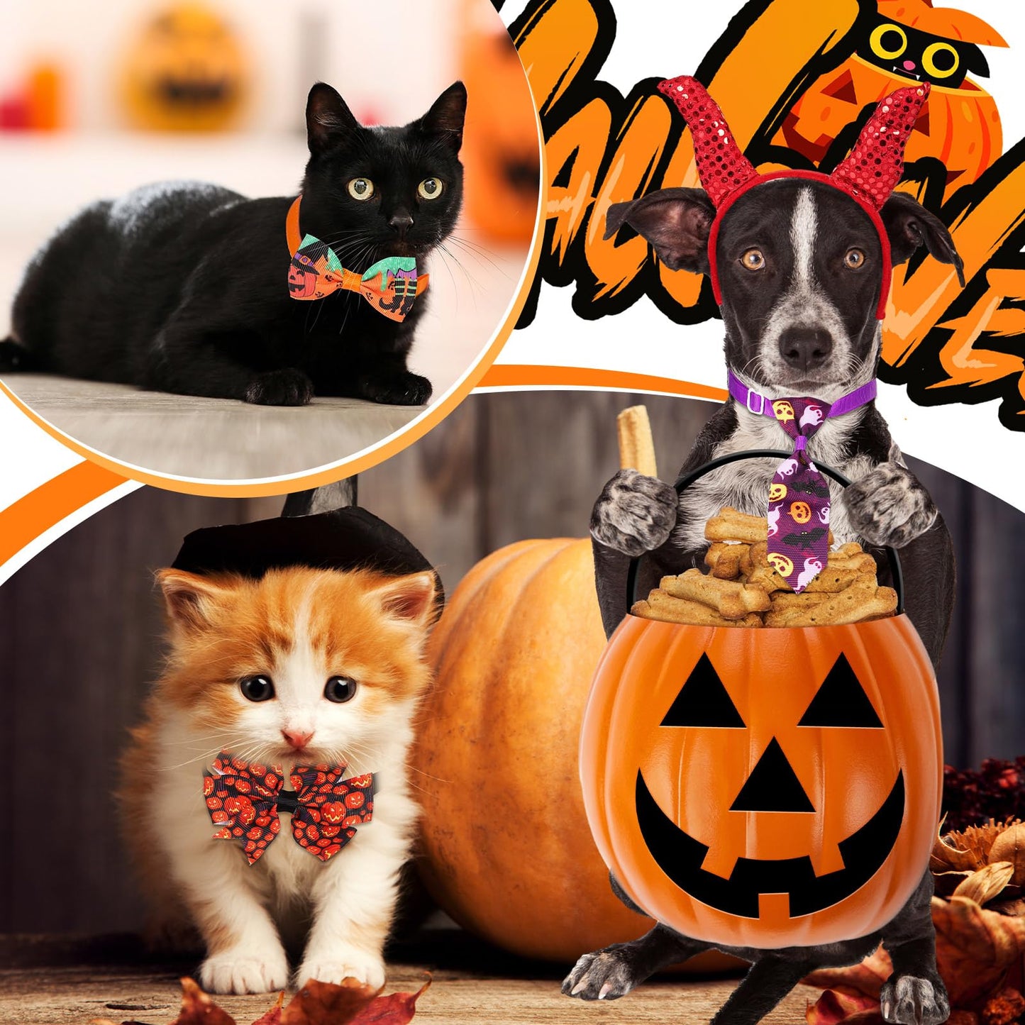 120 Pcs Halloween Dog Bow Tie Collar Set Includes 60 Pumpkin Dog Grooming Bowtie Bow Ties Pet Neckties Collar Holiday Accessories for Cat Doggy