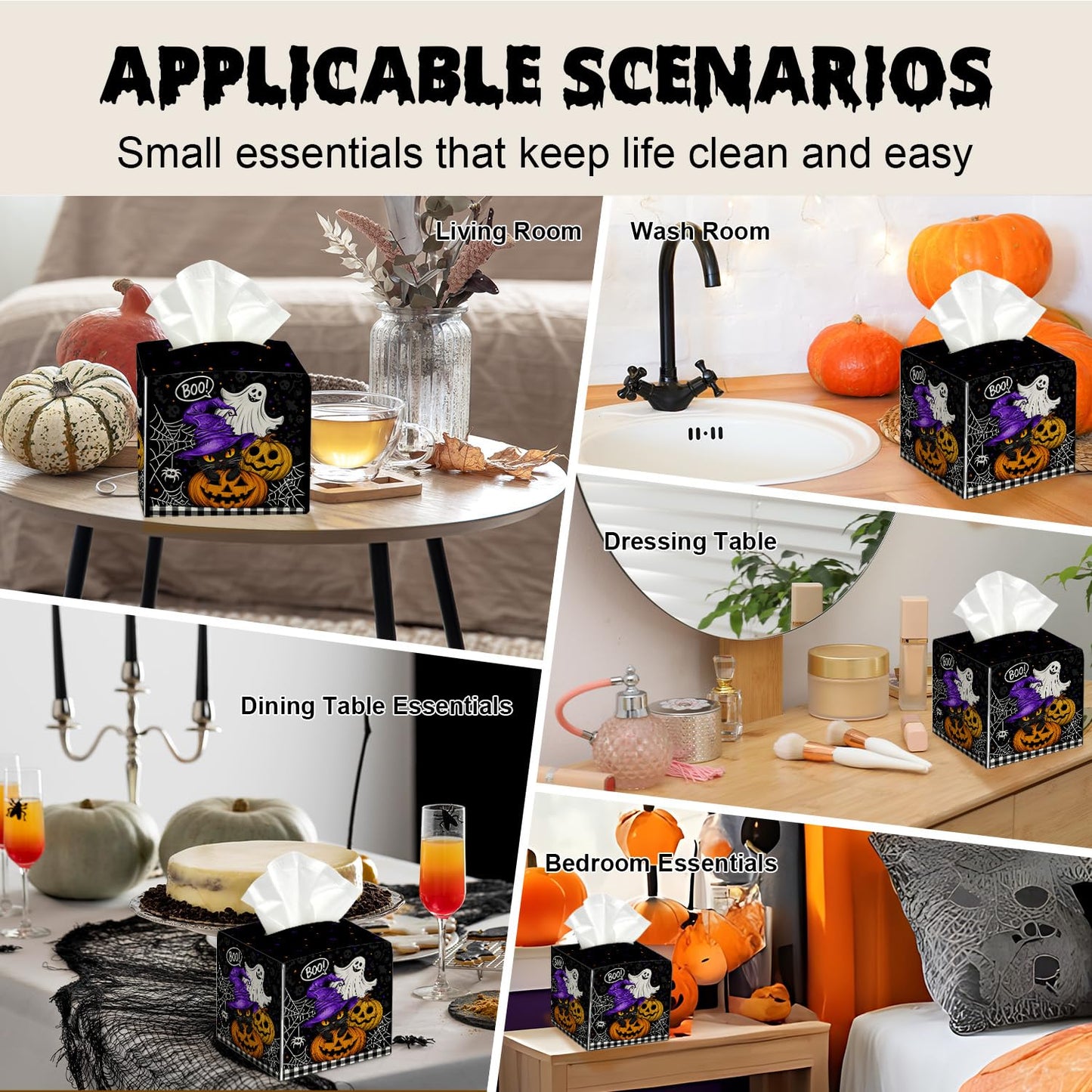 Halloween Tissue Box Cover Square, Black Cat Decorative Tissue Box Holder Facial Paper Organizer Dispenser for Bathroom Kitchen Bedroom Vanity Countertop Nightstands, Halloween Party Decoration/003
