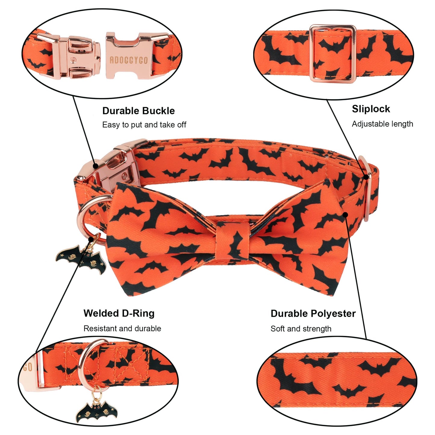 ADOGGYGO Halloween Dog Collar with Bow, Detachable Bat Print Bowtie Charm, Metal Buckle, Adjustable Orange Halloween Collars for Medium Dogs Boy Girl (Medium)
