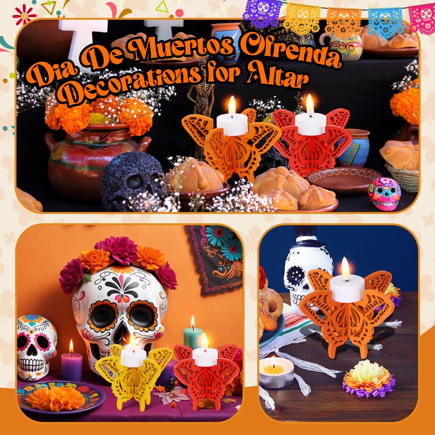 6 Pcs Day of The Dead Hollow Wooden Butterfly Candle Holder Dia De Los MuertosTable Centerpiece for Home Tabletop Decor Mexican Party Day of The Dead Altar Decorations Halloween Party Favors