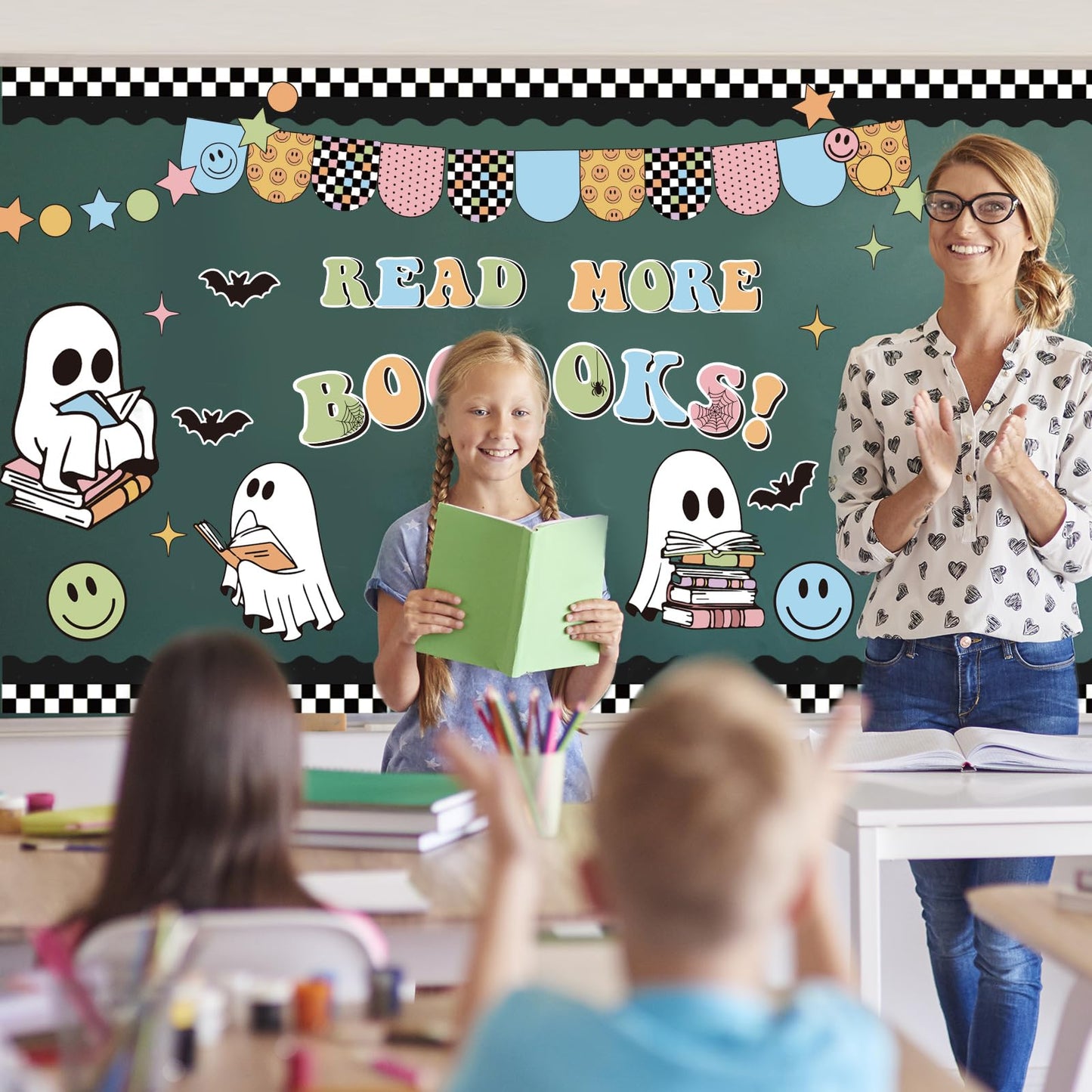 JarThenaAMCS 89 Pcs Halloween Bulletin Board Decoration Set Ghost Book Paper Cutouts with Glue Points for Party School Nursery Classroom Chalkboard Office Home Wall Decor