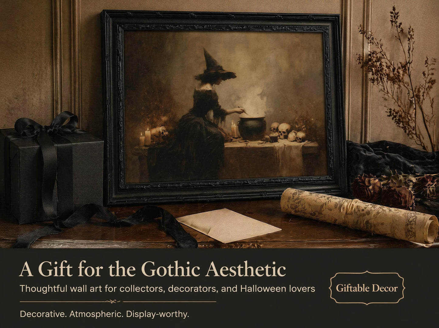 KKP Black Framed Vintage Witch Stirring Cauldron Skull Candle Wall Art