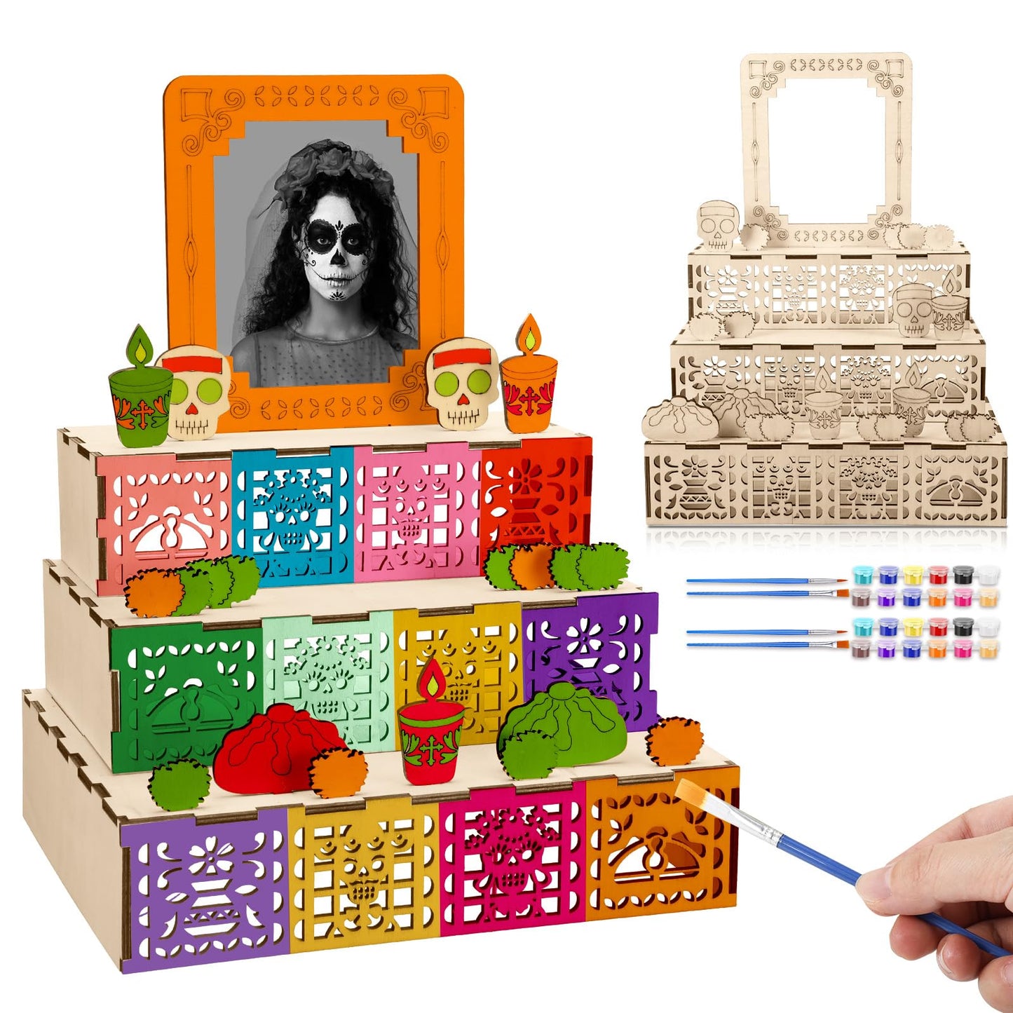 Geelin Dia De Los Muertos Altar Ofrenda Wooden Box with Painting Set DIY Wooden Day of Dead Decorations with Photo Frame Remembrance Memory Shadow Box for Home Halloween Party Gifts(Classic)