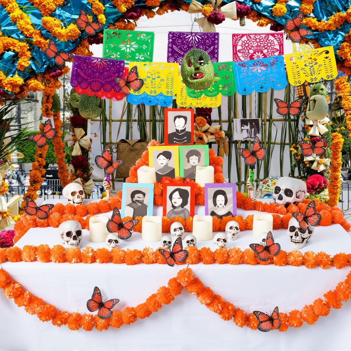Thiccywoov 50 Pcs Dia De Los Muertos Ofrendas Altar Decorations, Day of the Dead Altar Decor Included Marigold Flower Garland Monarch Butterfly Skull Candle Frame Mexican Banner and Tablecloth