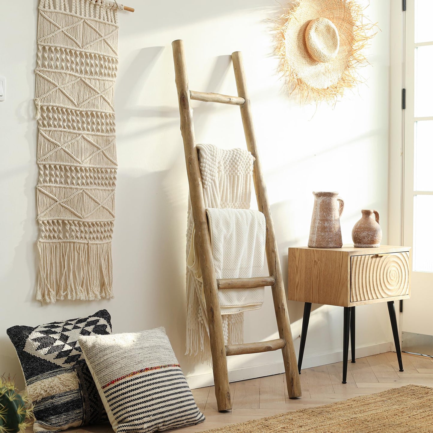 FUIN Fully Assembled 57in Wood Blanket Ladder Living Room Decorative Wall Leaning Farmhouse Quilt Display Holder Rustic Wooden Towel Rack for Bathroom