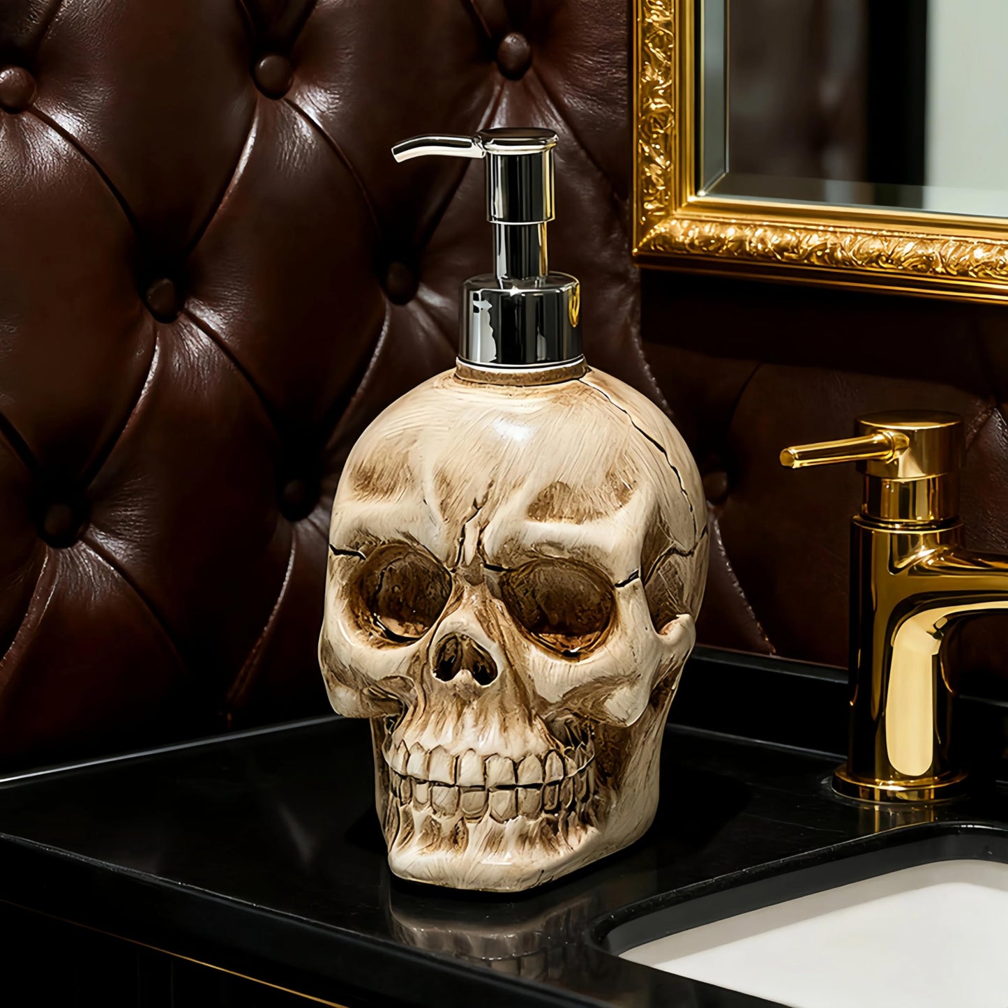 Fsocpen Skull Soap Dispenser with Rust Proof Pump and 3 Bank Wooden Labels,13 fl oz,Refillable Hand Soap Dispenser for Bathroom and Kitchen,Home Decoration,Gothic Enthusiast Decoration
