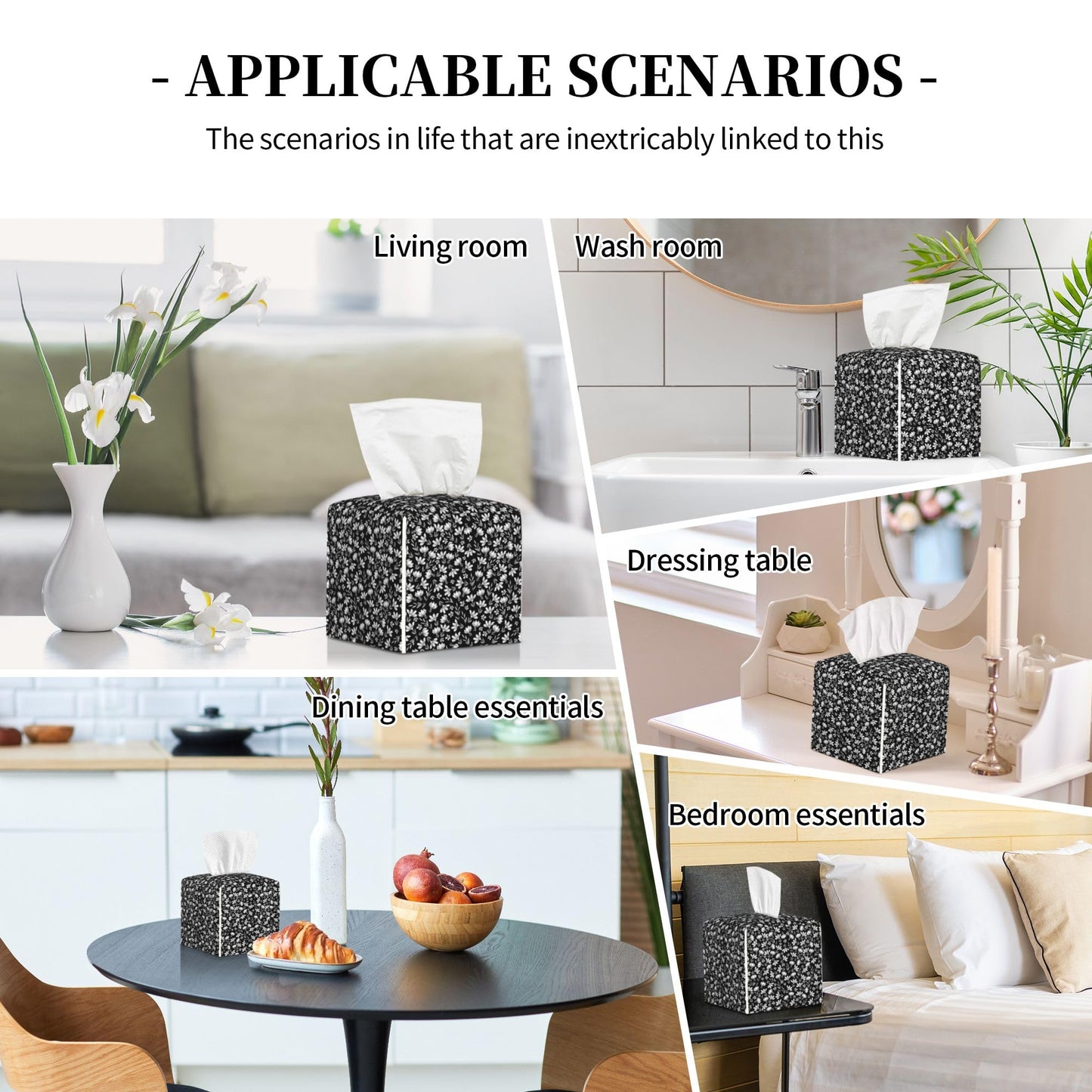 POIUBLE Leather Tissue Box Holder Black and White Flowers Tissue Box Cover Square Waterproof Tissue Holder Organizer Modern Napkin Holder for Bedroom Dresser Night Stand Office Desk