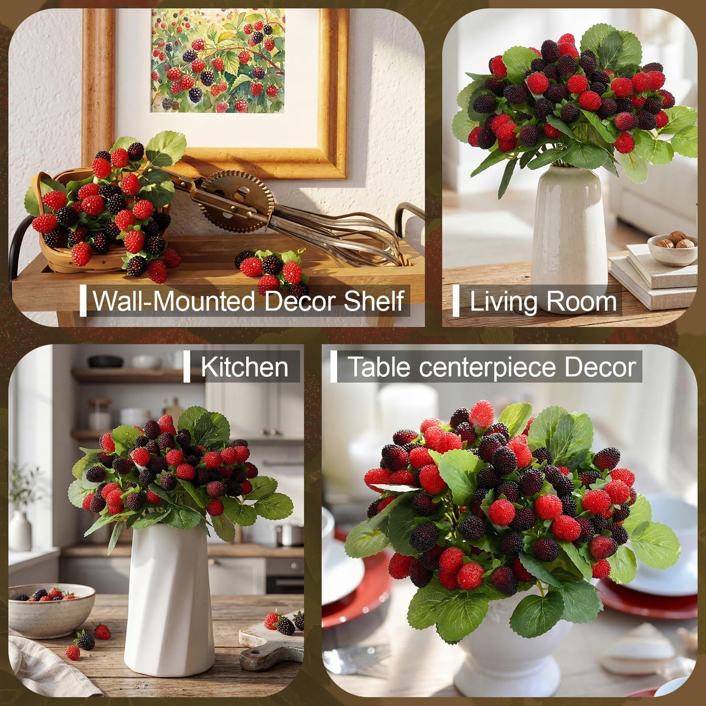Hoteam 5 Pcs Artificial Raspberries Stems 11'' Fake Redberry Branches Faux Fruit Black Berry Picks for Home Kitchen Decor Floral Arrangements and Holiday Table Centerpieces (Red with Black)