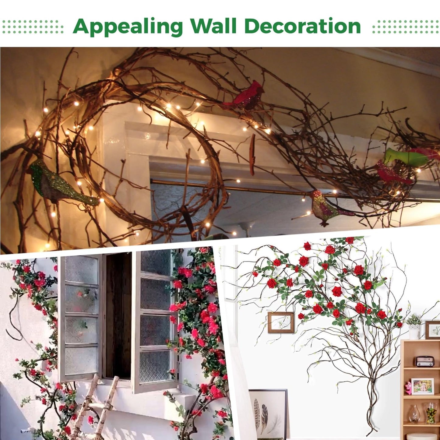 Artificial Fake Tree Branches for Decoration - 118 Inches Malleable Artificial Tree Branches with Sprout, Twigs Vines Rattan Ivy Grapevines Wall Fake Hanging Plants, Wall Branches for Decoration
