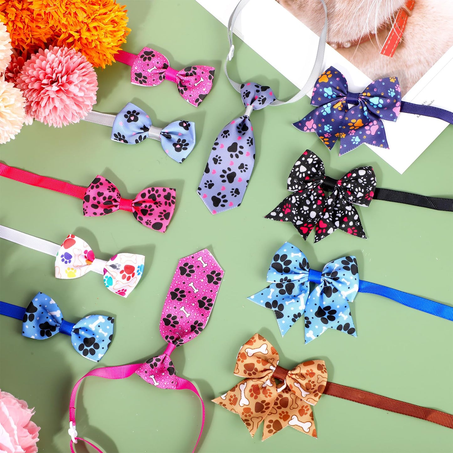 Reginary 100 Pieces Dog Bow Tie Collar Set Include 40 Dog Neckties, and 30 Puppy Bowties, 30 Collar Flowers, Adjustable Pet Ties Grooming for Small Medium Cats Pets Supply(Paw Bone)