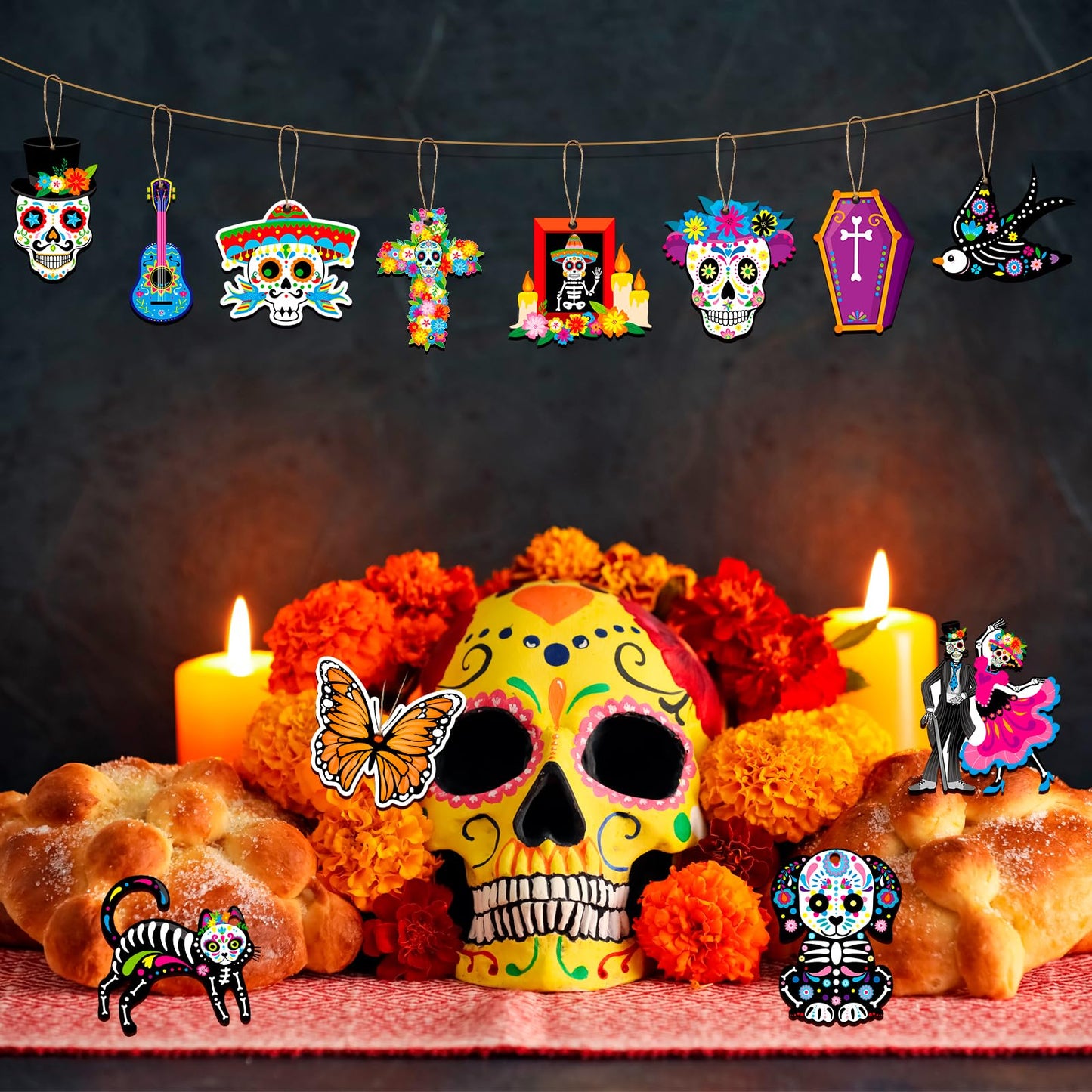 HOWAF 36pcs Day of The Dead Wood Ornaments, Dia De Los Muertos Decorations Hanging Wooden Sign for Mexican Dia de Los Muertos Altar Decor, Black Cats Sugar Skull Marigold Hanging Ornaments