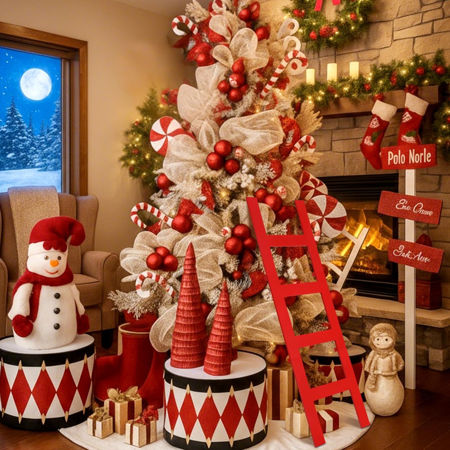 Jenaai 39 Inches Christmas Red Wooden Ladder Christmas Tree Decoration Santa Climb Ladder Assemble and Disassemble Rustic Decorative for Xmas Tree Wall Ornament Holiday Festival Party Decoration