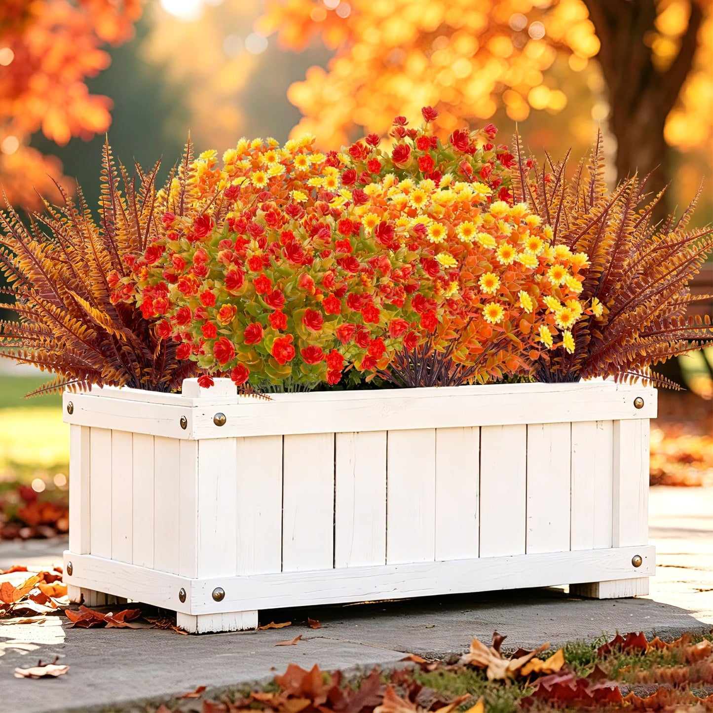 TURNMEON 12 Bundles Artificial Fall Flowers for Outdoors Fall Decorations, UV Resistant Fake Mums Faux Fall Plants Plastic Orange Boston Fern Eucalyptus Home Garden Porch Autumn Thanksgiving Decor