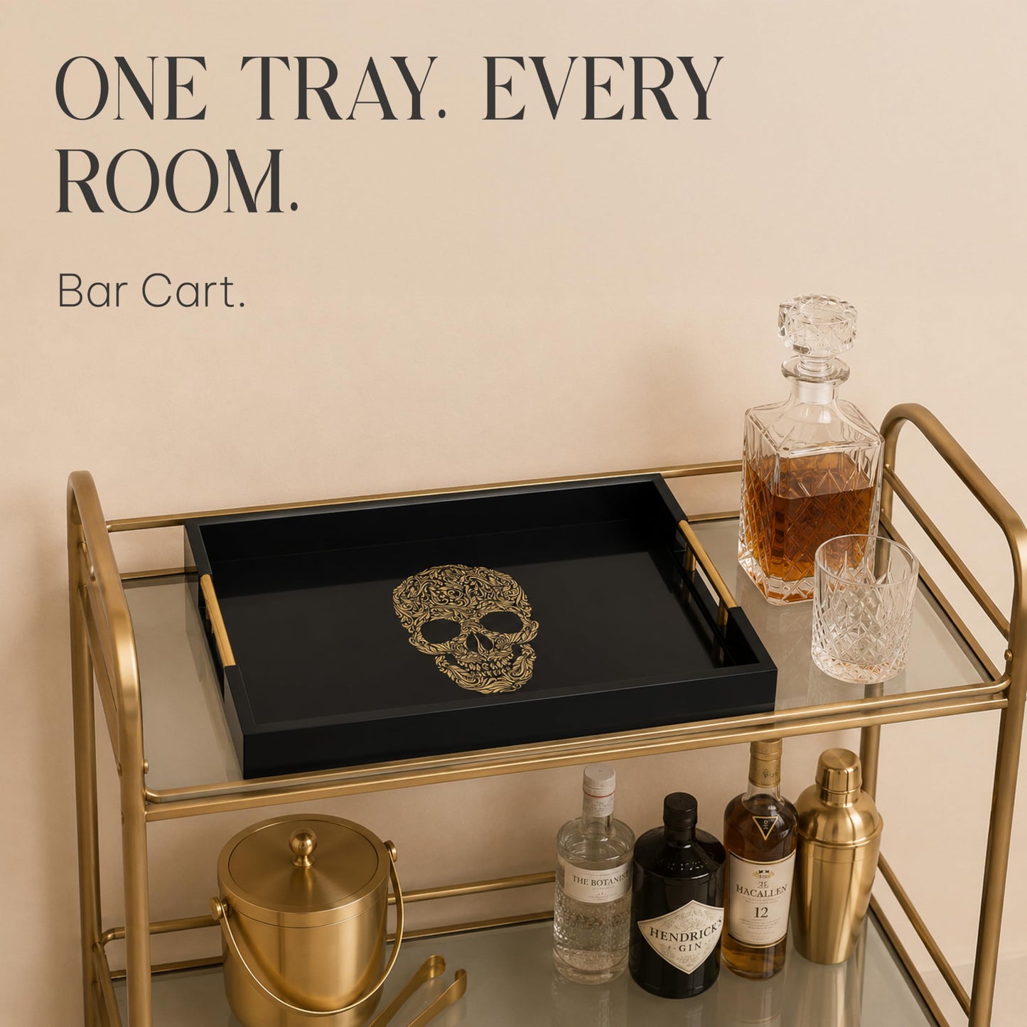 Gothic Skull Serving Tray with Gold Handles β Black Gloss Wooden Ottoman Tray for Coffee Table, Bar, or Kitchen β Elegant Gothic Decor & Unique Gift for Halloween, Horror & Alternative Style Lovers
