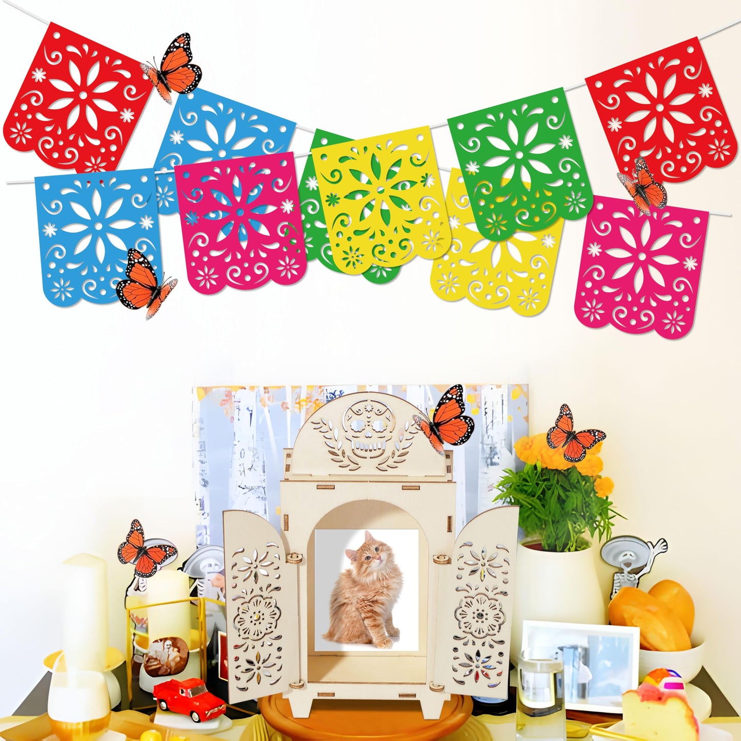 10Pcs Dia De Los Muertos Decorations Wooden Shadow Box Day of The Dead Ofrenda Altar Decor with Papel Picado Butterfly Remembrance Supplies