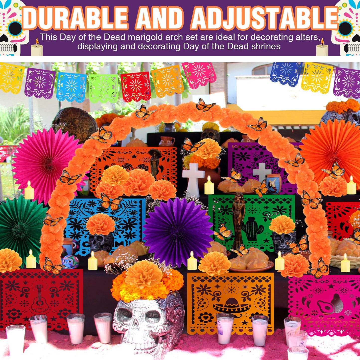 Suncalla 66 Pcs Day of the Dead Altar Set Marigold Flower Arch Dia De Muertos Tablecloth Flameless LED Candle Paper Fan Butterfly Mexican Papel Picado Banner Supplies(Classic,Multicolor)