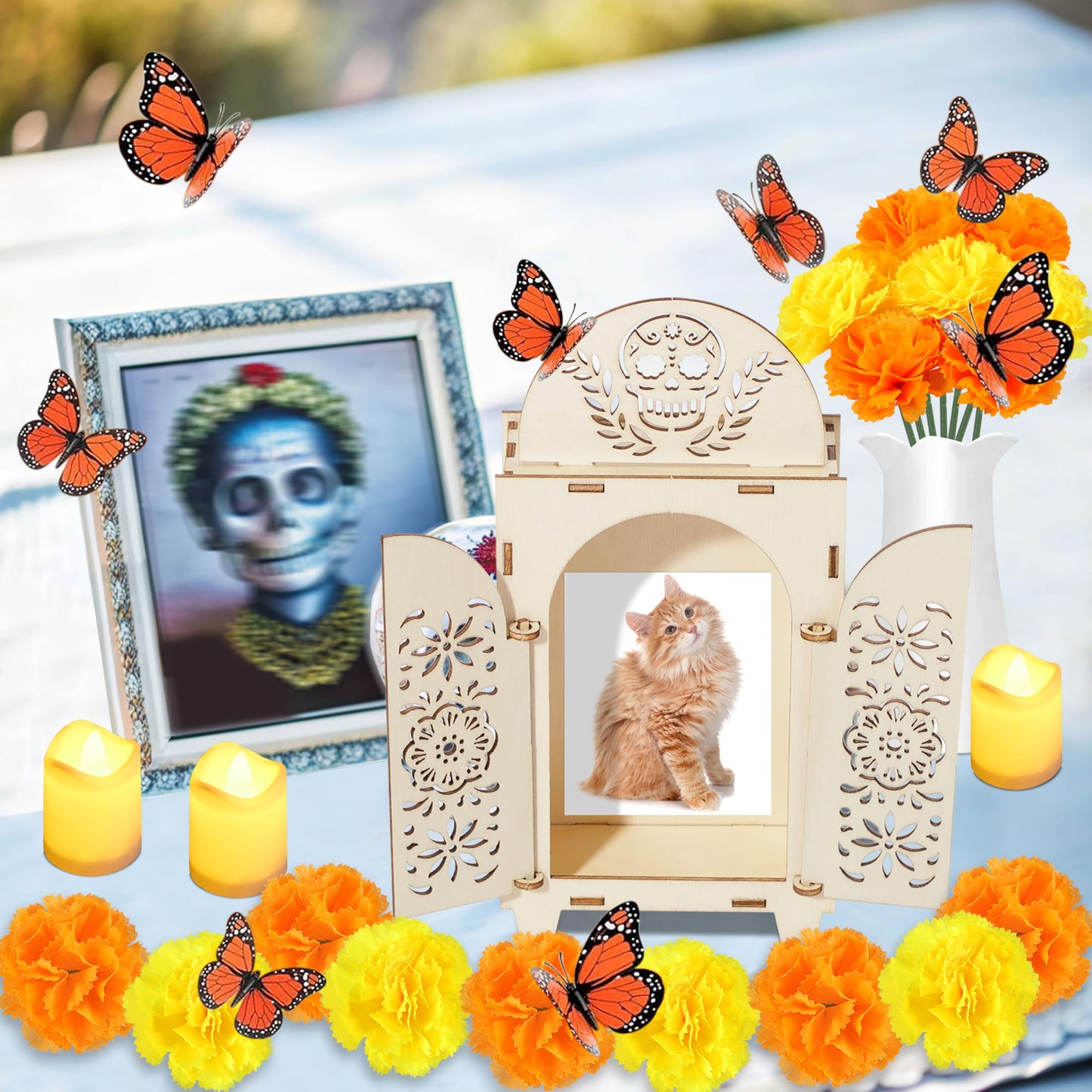 51Pcs Dia De Los Muertos Decorations Wooden Shadow Box Day of The Dead Ofrenda Altar Decor with Marigold Butterfly Candle Remembrance Supplies