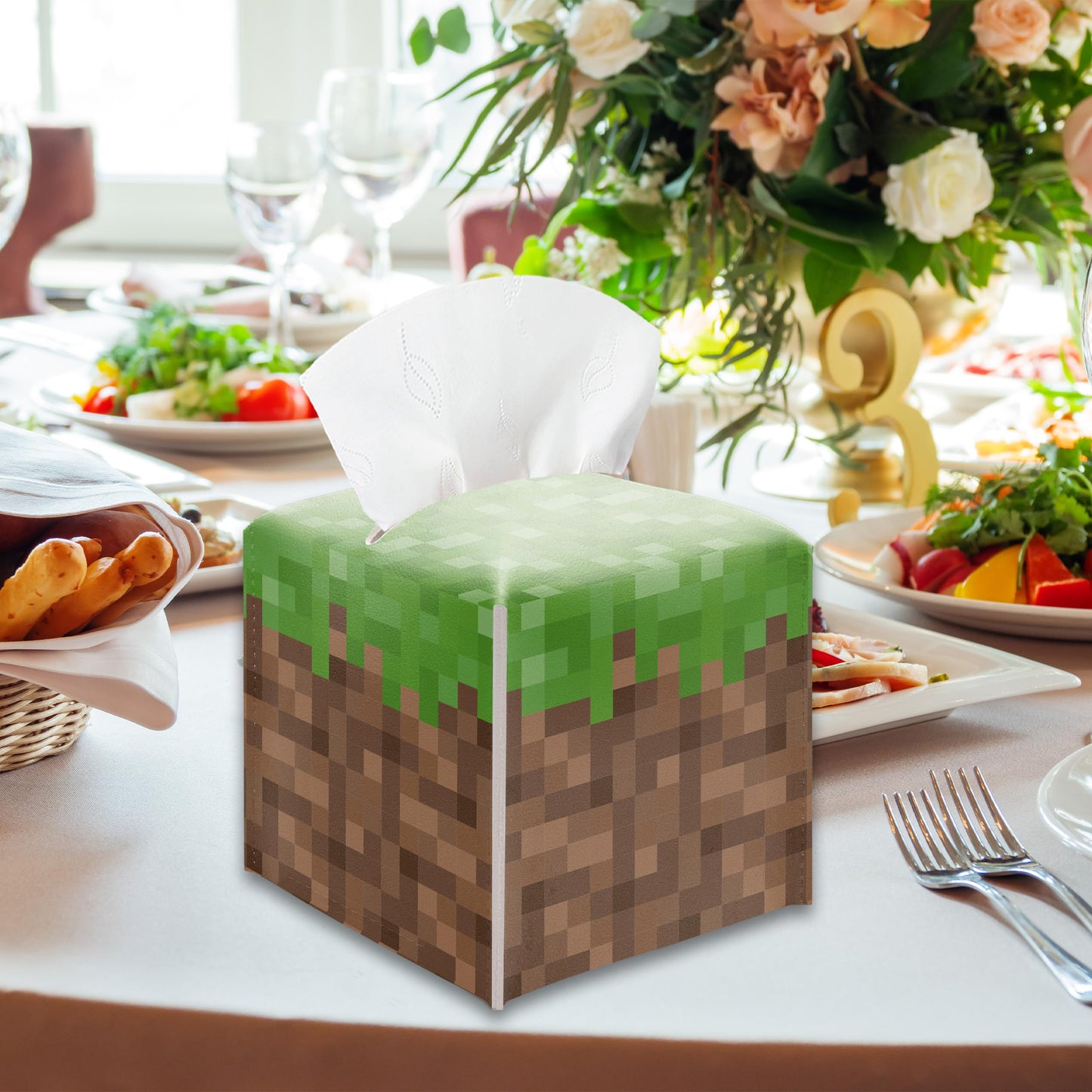 Pixel Grass Block Leather Tissue Box Cover, Square Holder