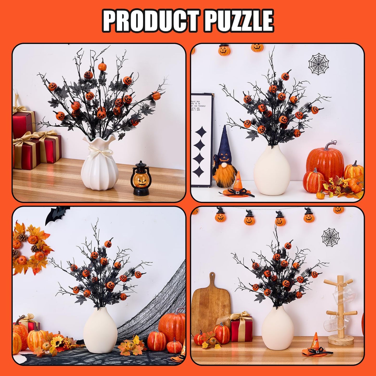 Sherika 5PCS Halloween Decorations Indoor, 19.5Inch Artificial Pumpkin Maple Leaf Floral Stems Halloween Branches Decoration, for Home Vase Arrangement Decor - Black.