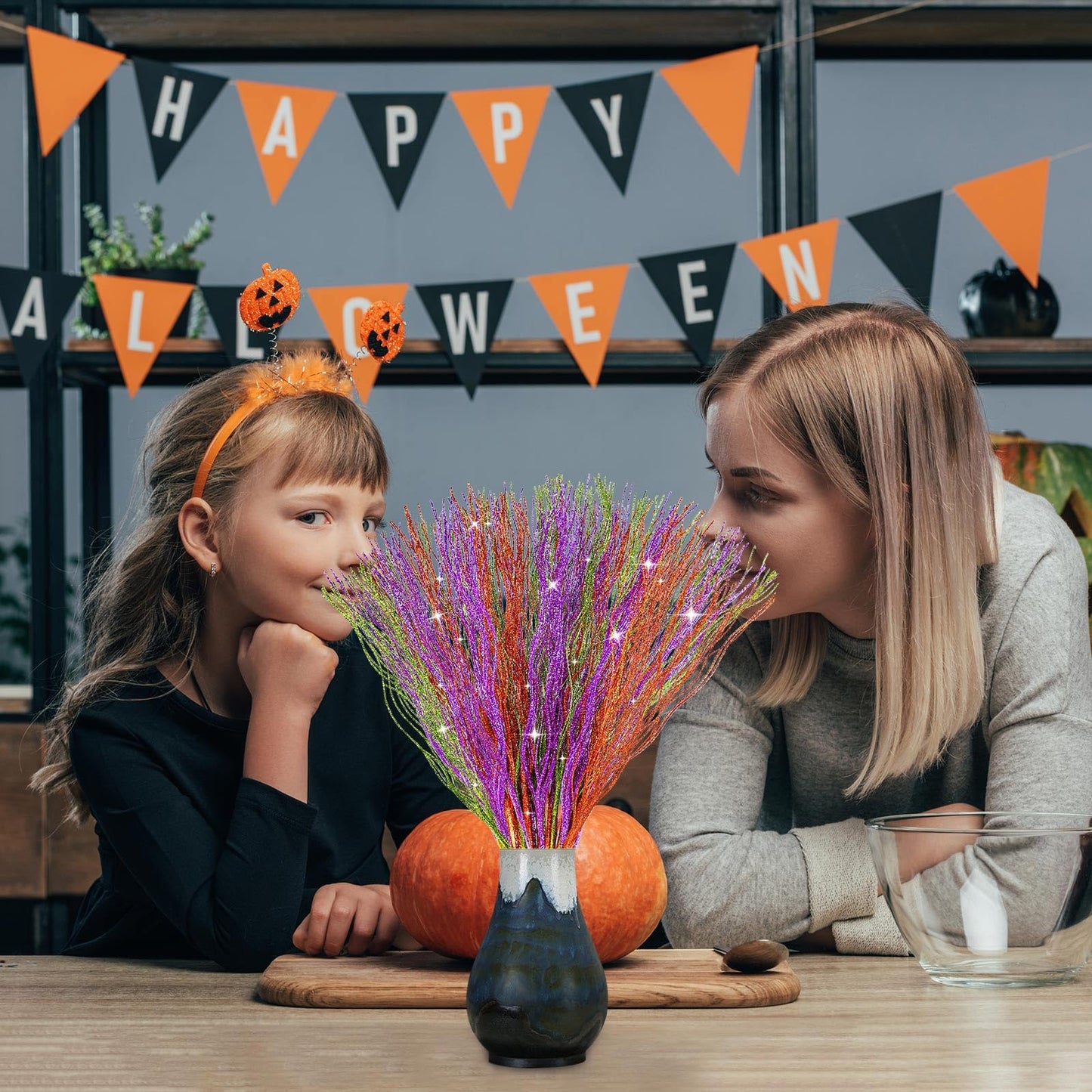 YBB 30Pcs Halloween Artificial Glitter Branches, 17 Inch Fall Stem Floral Picks Decorative Twigs for Halloween Thanksgiving Day Home Table Vase Decoration (Green&Purple&Orange)