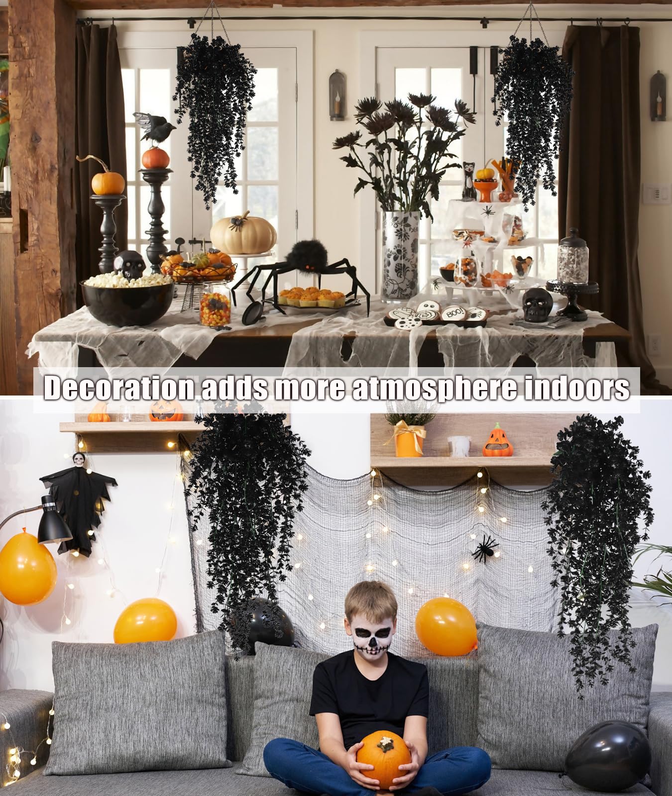 SJL Black Hanging Flowers Fake Hanging Plants Artificial Black Faux Flowers Outdoor Plastic Faux Ivy Plants UV Resistant Fake Eucalyptus Vine for Halloween Indoor Witchy Home Party Gothic Decor 4Pcs