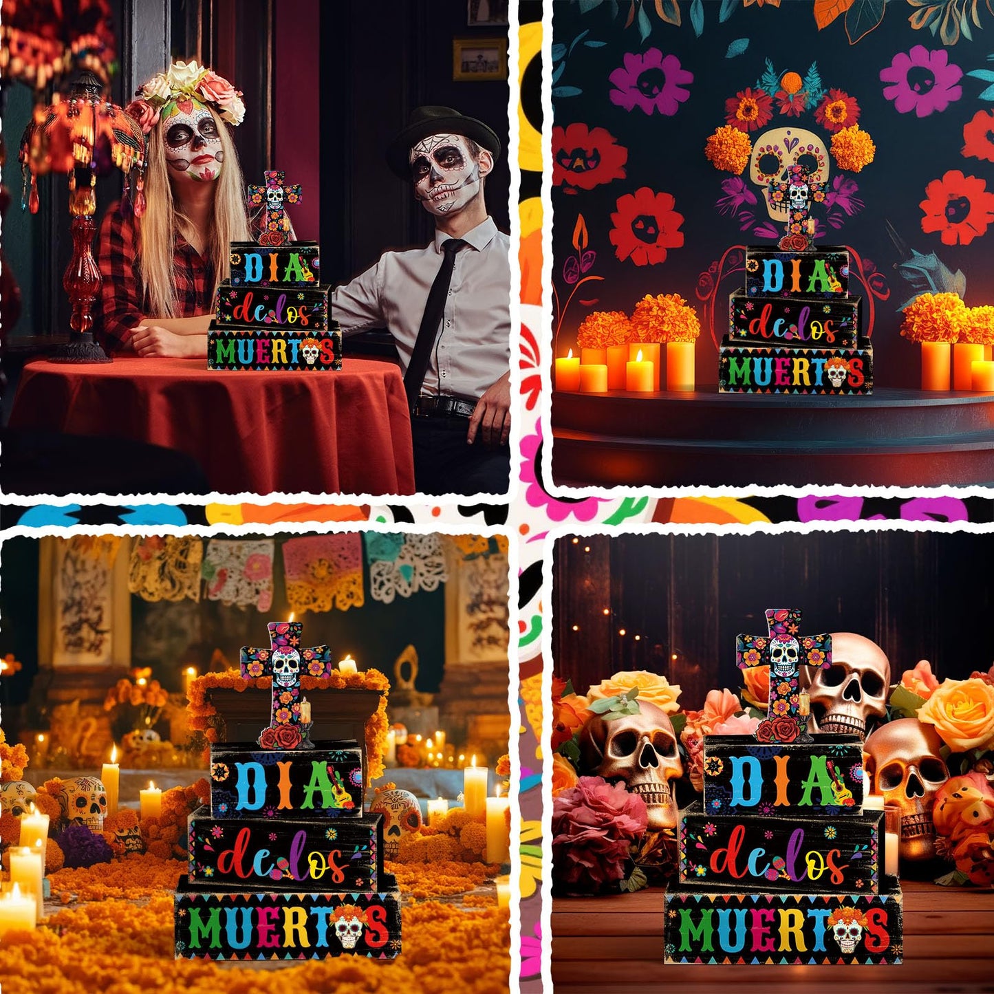 Mimorou 4 Pcs Day of The Dead Table Decorations Wooden Mexican Dia De Los Muertos Altar Centerpiece for Table Tiered Tray Decor Sugar Skull Cross Block Signs for Halloween Party Home Shelf Decoration