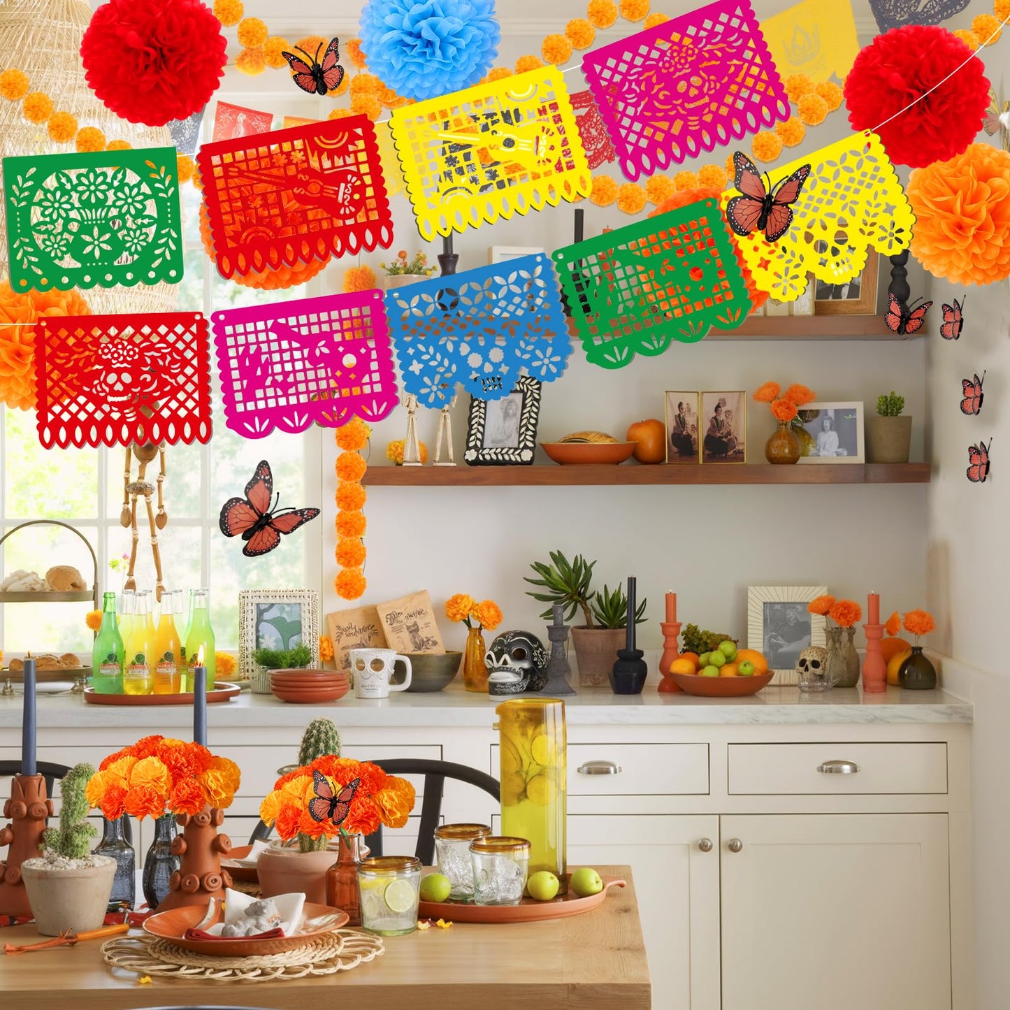 133Pcs Day of The Dead Decorations with 9 Mexican Banner Papel Picado,2 Lighted Artificial Marigold Garland,50 Marigold Flowers with 50 Stems,7 Paper Pom Poms,12 Butterfly for Dia De Los Muertos Decor