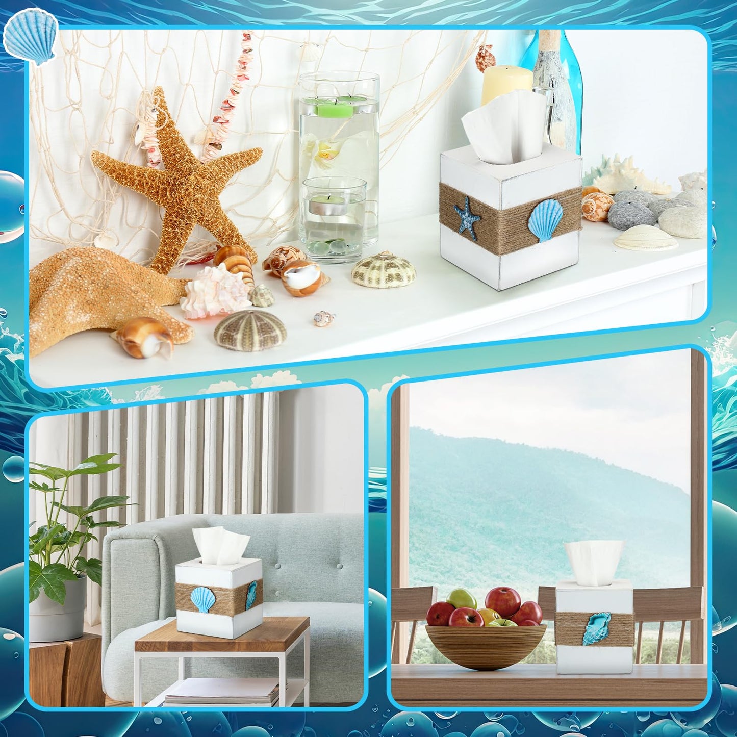 Threehoney Wood Tissue Box Cover Square Beach Farmhouse Bathroom Accessories Conch Starfish White Tissue Box Holder with Slide Out Bottom Rustic Ocean Room Decor Coastal Napkin Holder