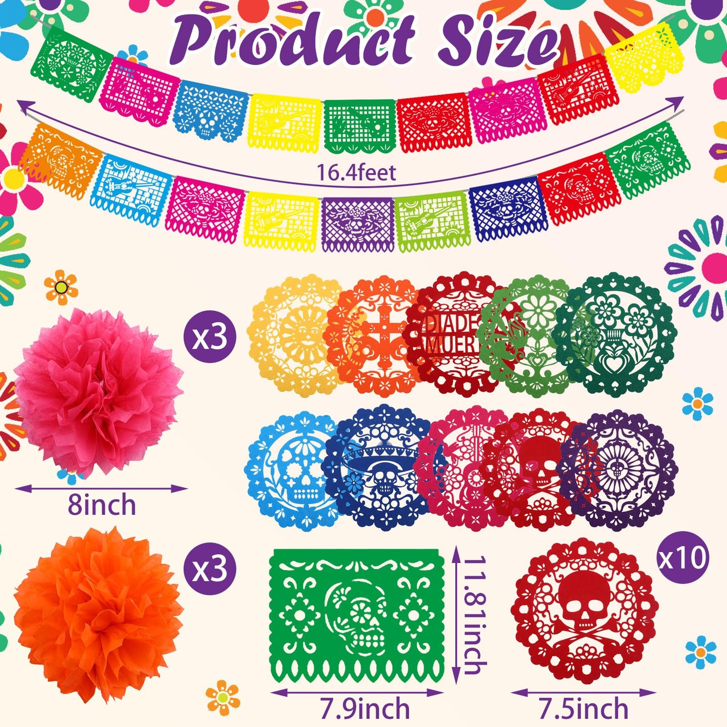 Fulmoon 46 Pcs Day of The Dead Altar Decoration Dia De Los Muertos Decor Include 4 Marigold Garland 12 Flameless Candles 2 Mexican Banner 12 Monarch Butterfly 6 Marigold Flower Head 10 Paper Dollies