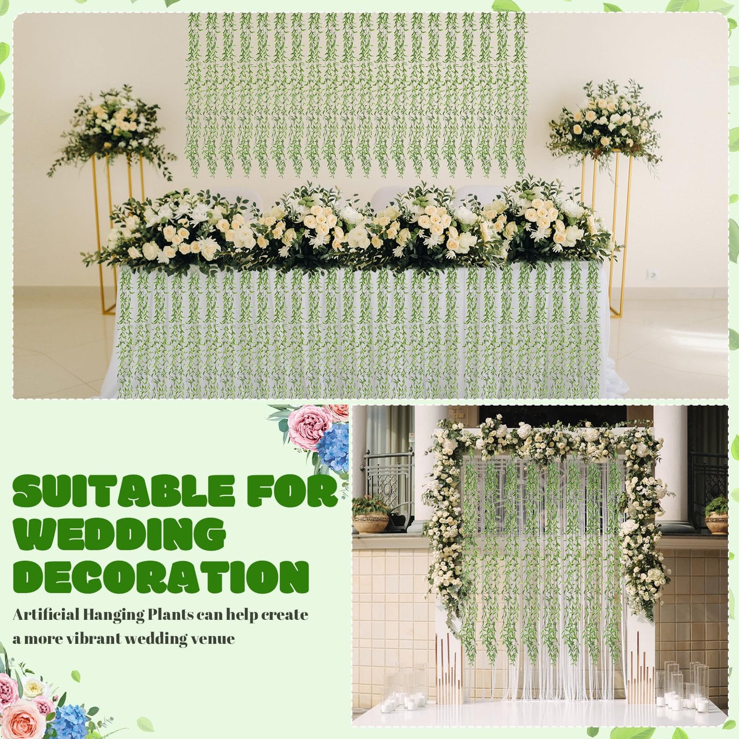 Riceshoot 24 Pcs Artificial Hanging Vines Fake Weeping Willow Leaves Decor Fake Seaweed Artificial Vines Greenery Garland for Wedding Party Backdrop Wall Decor Garden Patio Backyard (Dark Green)