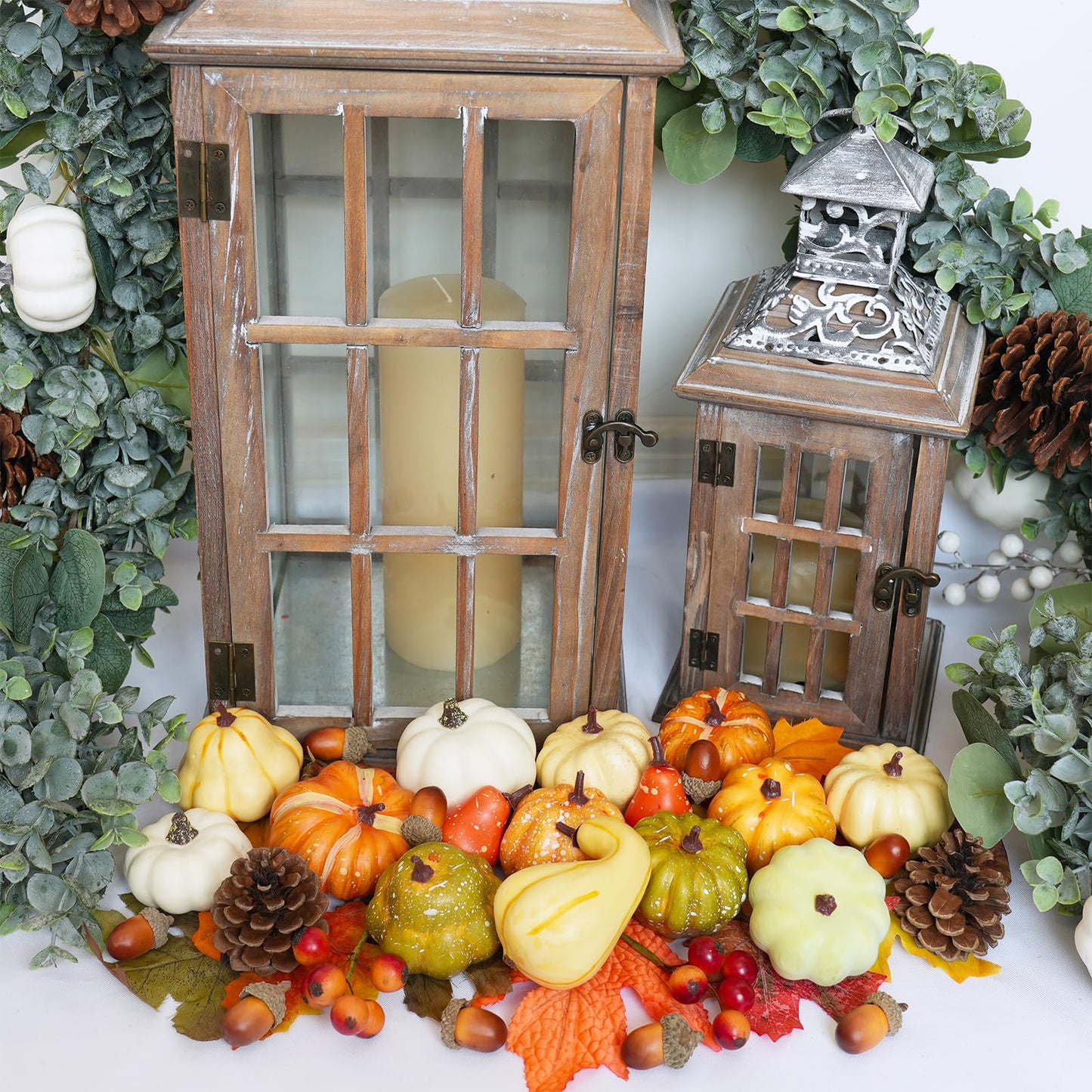 Winlyn 46 Pcs Assorted Small Artificial Pumpkins and Gourds with Acorns Pinecones Maple Leaves Fall Harvest Decor Set for Autumn Party Table Centerpiece Thanksgiving Halloween Wreaths Vase Bowl Filler