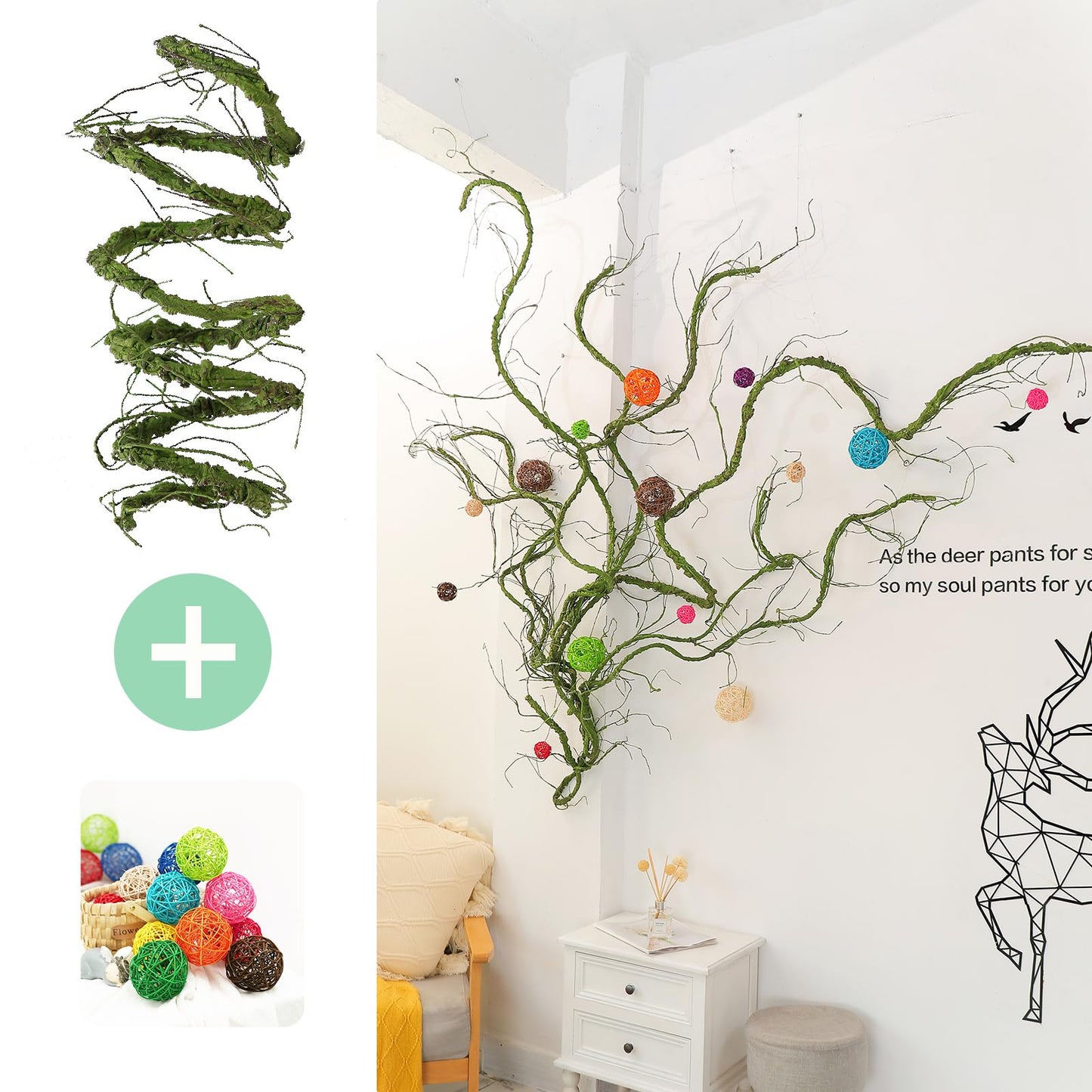 118inch Flexible Green Big Artificial Tree Branches Fake Tree Trunk Garland Rattan Wreath Cherry Blossom Grape Vines Floral for Wall Arch Hanging Reptile Cages Jungle Party Halloween Decoration