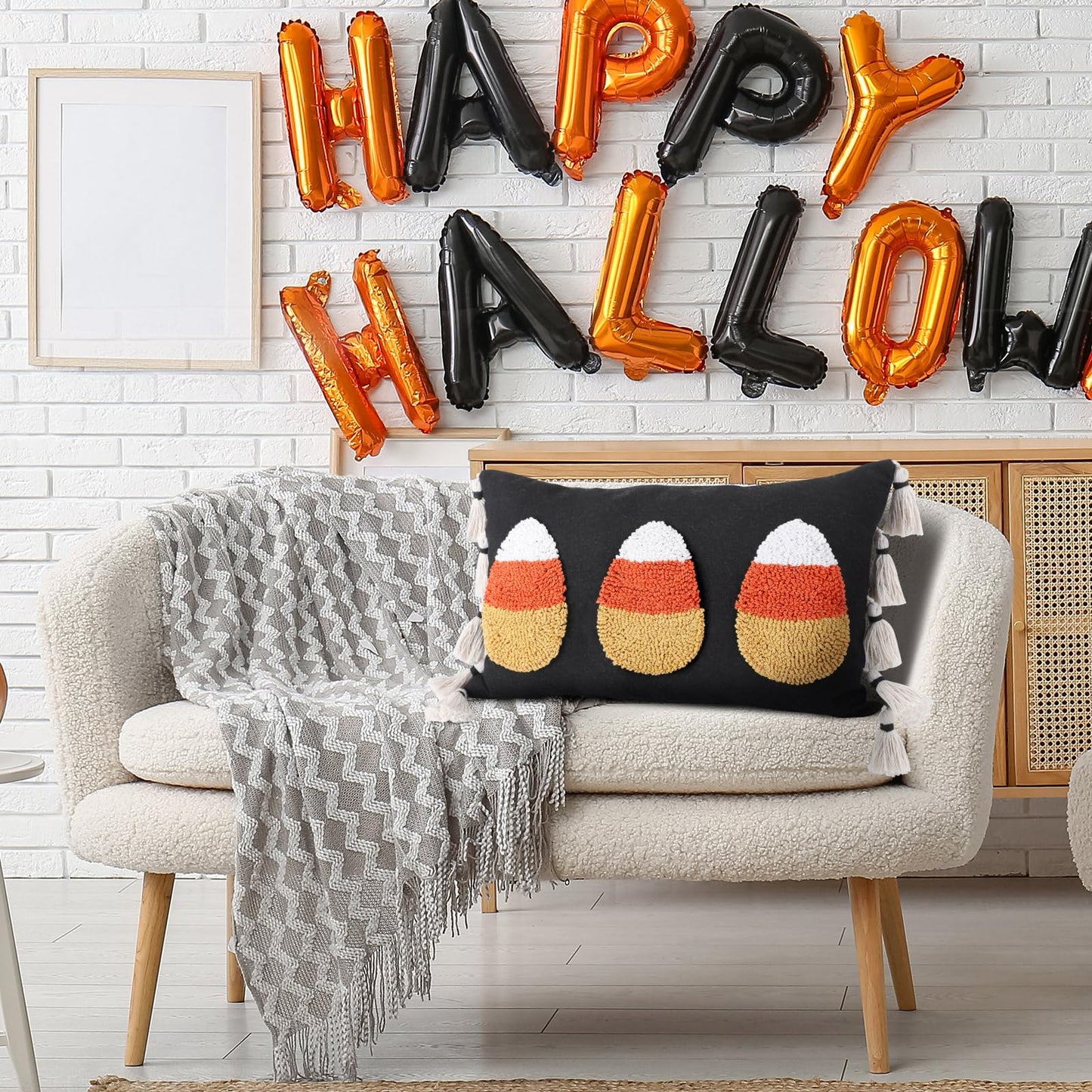 Yuntau Halloween Throw Pillow Cover with Tassels 12 x 20 Inch Decorative Candy Corn Pillowcase Embroidery Furry Plush Candy Corn Cushion Cover Halloween Decorations for Home Sofa Couch Bedroom Outdoor