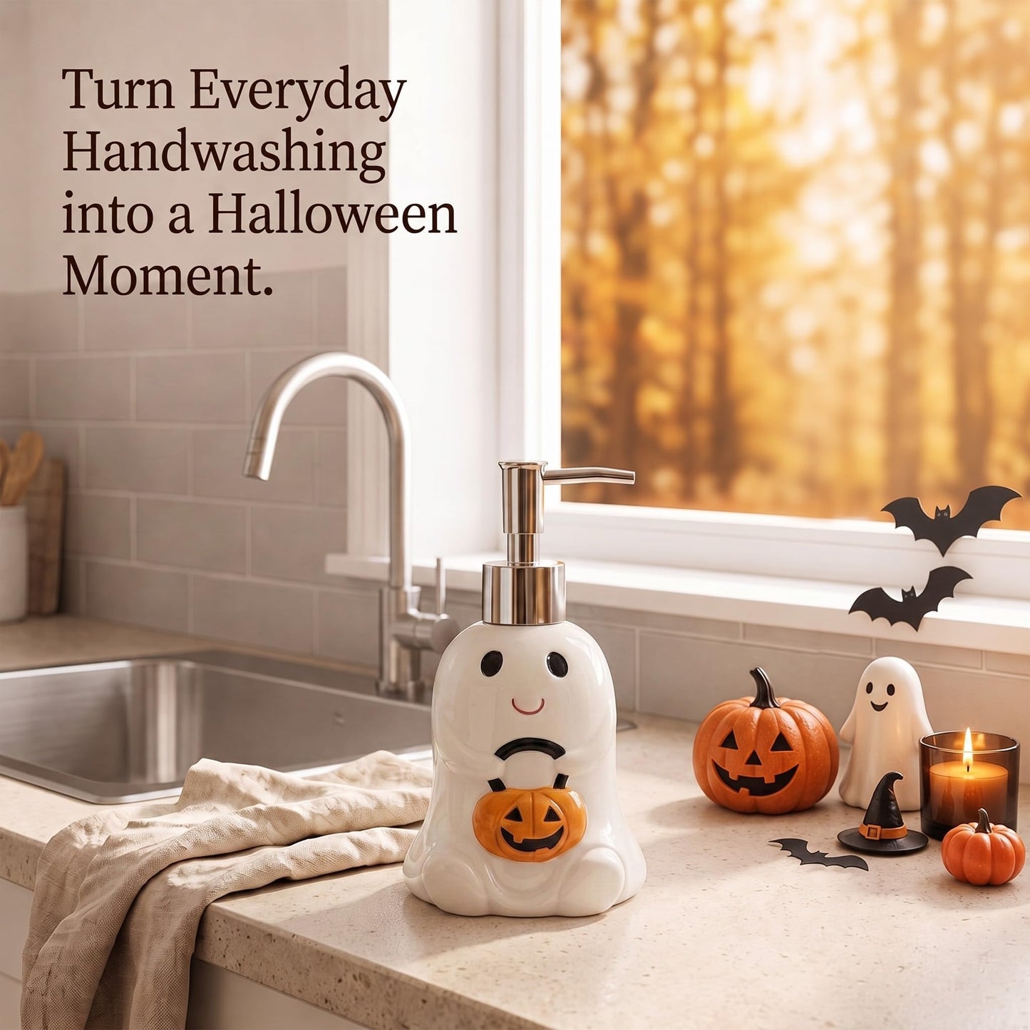 Potchen Halloween Soap Dispenser Ghost and Pumpkin Liquid Pump Ceramic Bath Accessories Bathroom Decor Holiday Collection Shaped Festive Touch for Countertop
