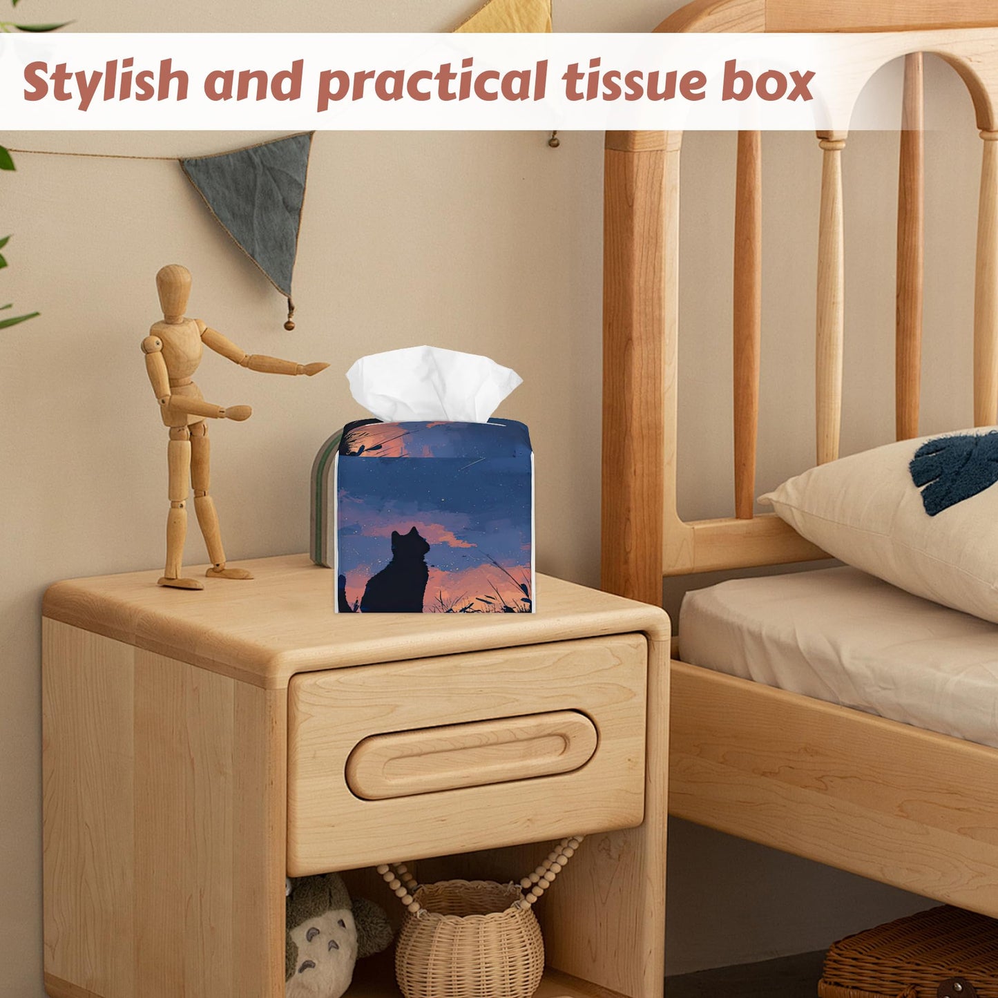 Starry Night Sky Cat Tissue Box Holder, Leather Tissue Box Cover Square, Paper Facial Decorative Tissues Cover for Bathroom Home Car Nightstand Vanity Desk, 2 Pcs