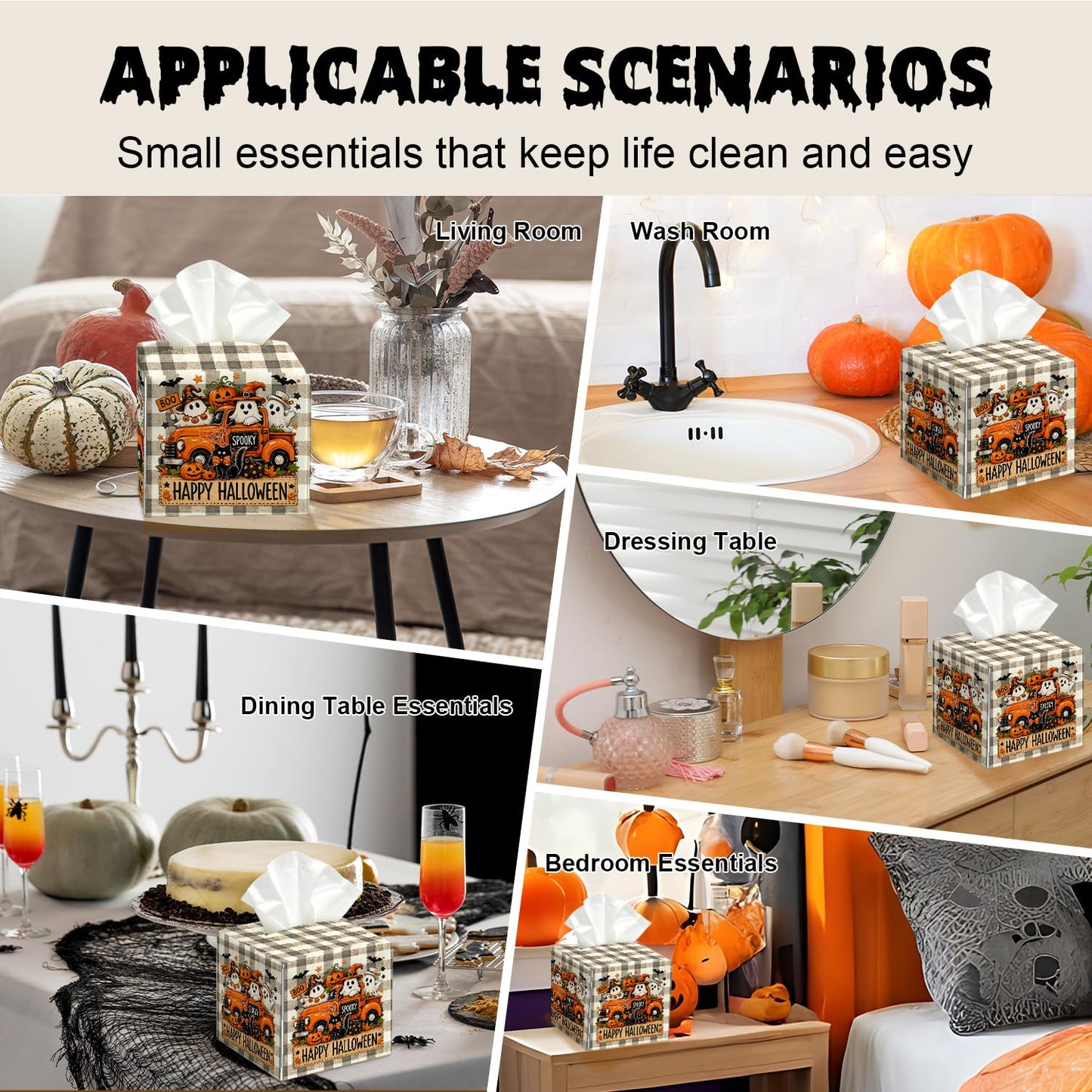 Halloween Tissue Box Cover Square, Ghost Pumpkin Decorative Tissue Box Holder Facial Paper Organizer Dispenser for Bathroom Kitchen Bedroom Countertop Nightstands, Halloween Party Decorations/001