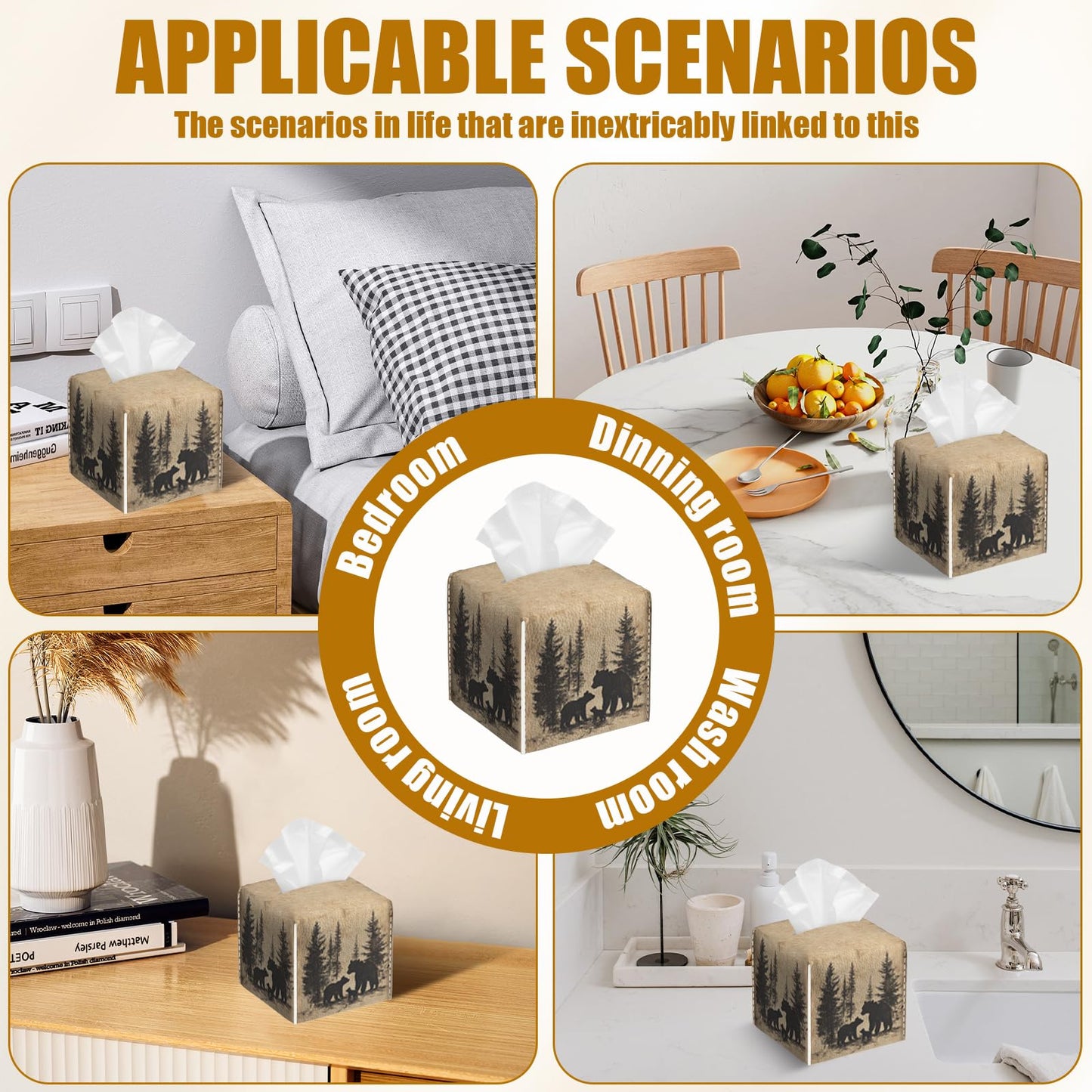 Bear Pine Tree Tissue Box Cover 2PCS, Leather Tissue Box Holder Square Facial Paper Case Tissue Box Cube Organizer for Bathroom Bedroom Desk Office