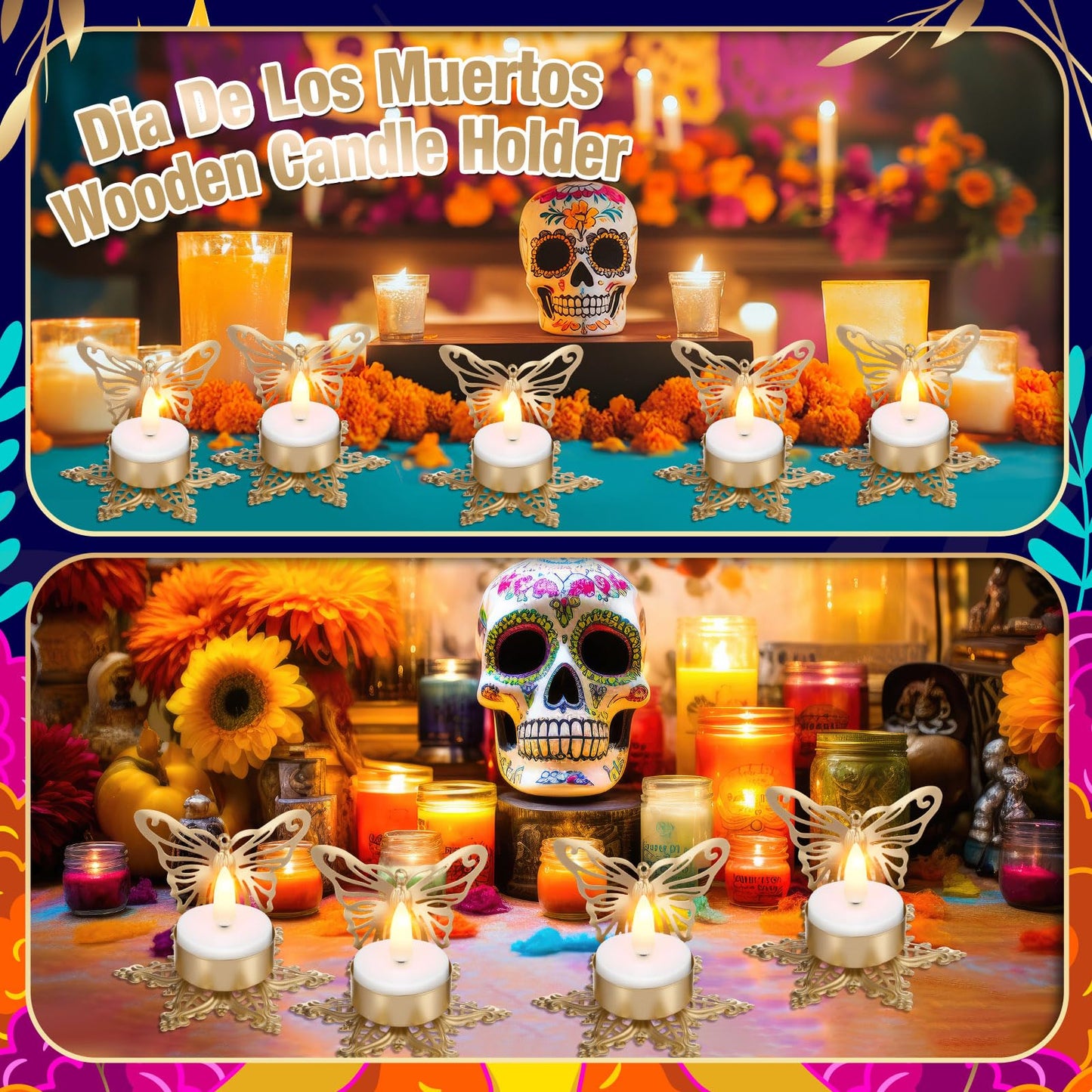 LemonRoad 8 Pcs Day of the Dead Hollow Candlestick Día De Los Metal Flower Butterfly Candle Holder for Home Tabletop Decor Mexican Party Day of the Dead Decorations Halloween Party Favors
