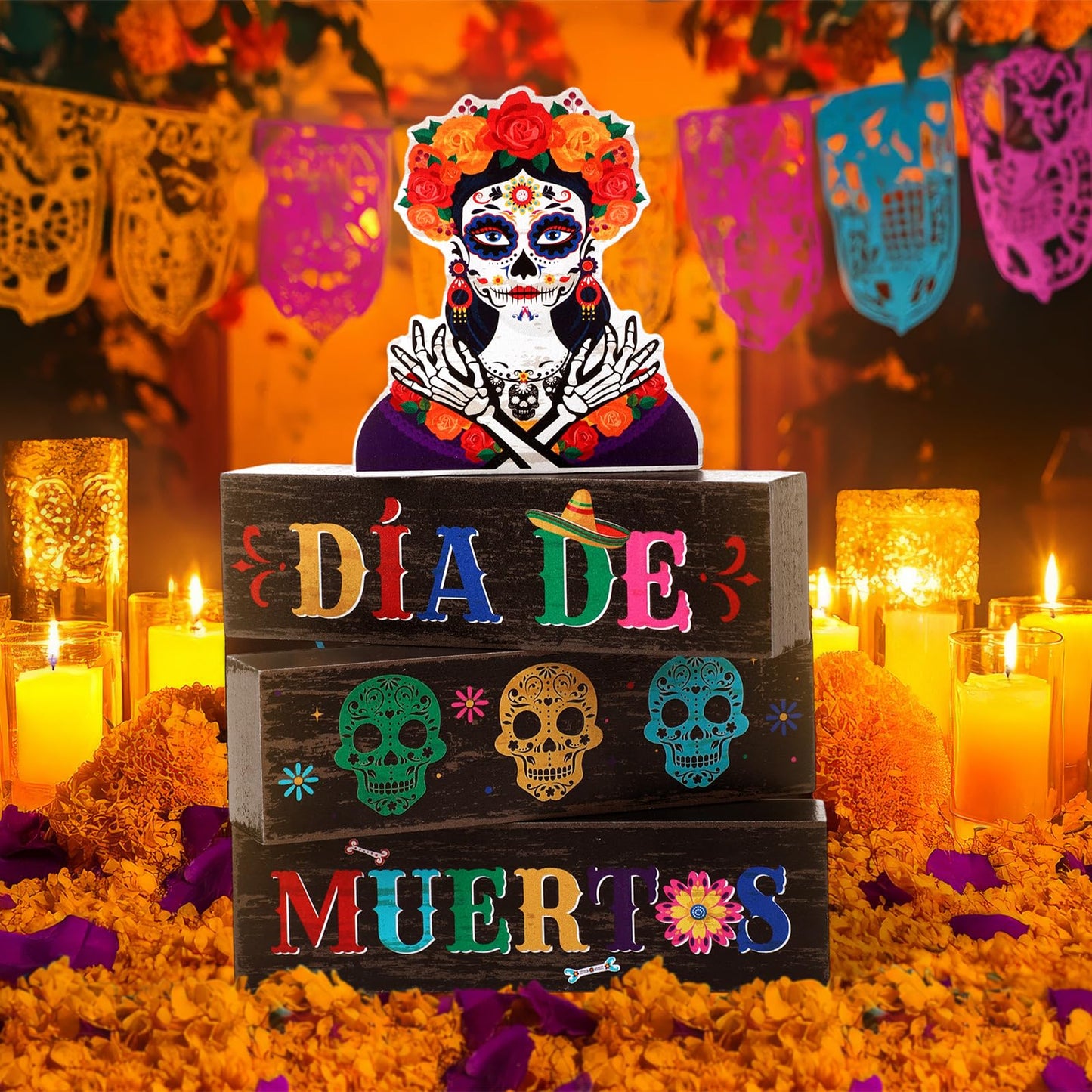Capoda 4 Pcs Day of The Dead Table Decorations Dia De Los Muertos Tiered Tray Decor Mexican Skull Wood Tabletop 3D Desk Centerpiece for Halloween Fiesta Carnival Party Decoration Supplies