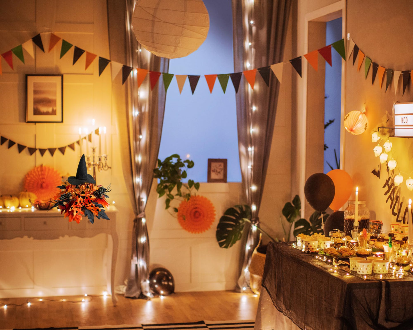 Svndlyn Lighted Harvest Pumpkin Table Decoration Indoor Outdoor Table Centerpiece with Maple Leaves Black Berries and Witch Hat for Fall Table Centerpieces Thanksgiving Halloween Decor