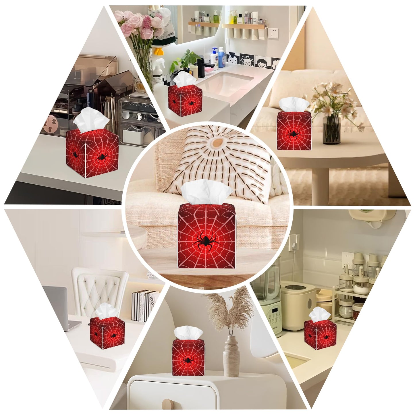 BLYKVGHQ Spider Web Tissue Box Cover Square, Tissue Box Holder with Bottom Belt Leather Facial Paper Organizer Dispenser for Bathroom Bedroom Dresser Night Stand Tabletop