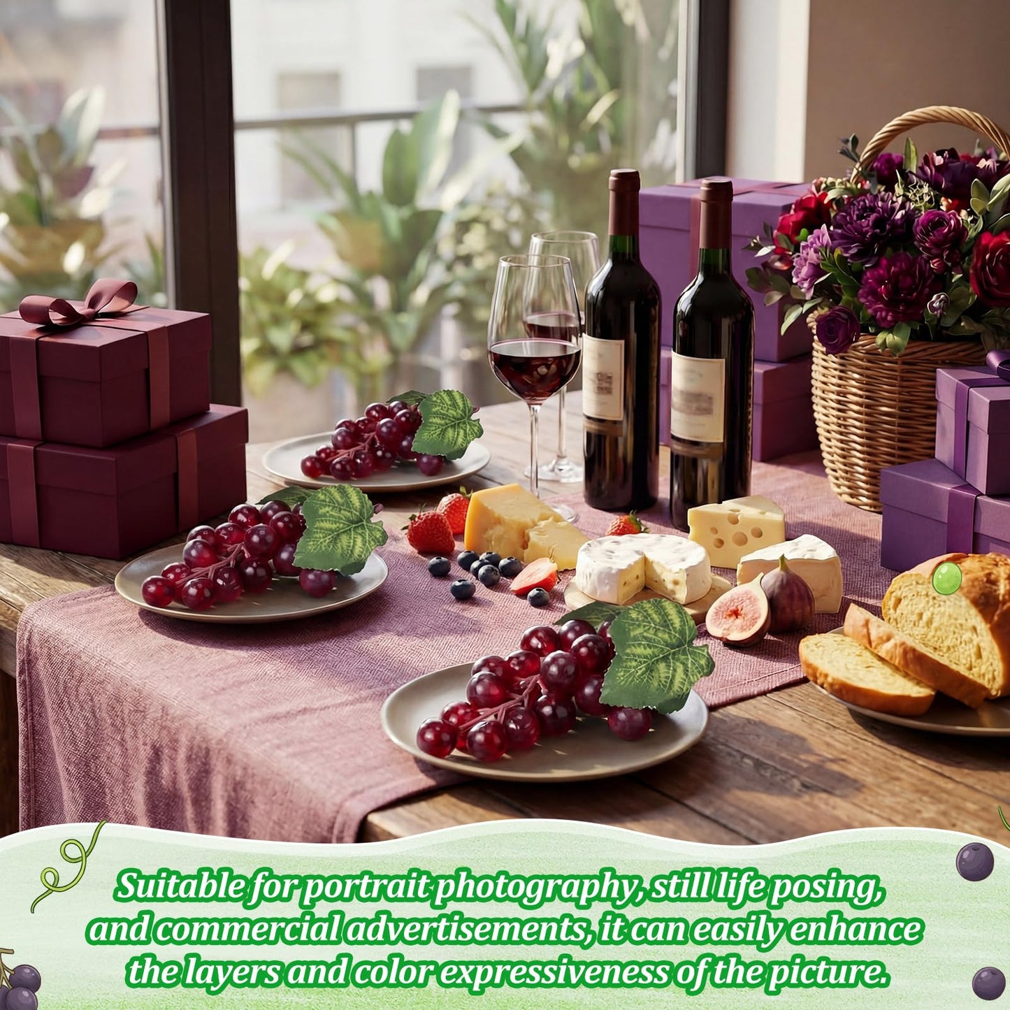 Wavyknot 24 Pcs Artificial Grape Rubber Fake Grapes Bunches with Vines Leaves Faux Lifelike Fruits Ornament for Wedding Outdoor Decoration Garden Home(Purple)