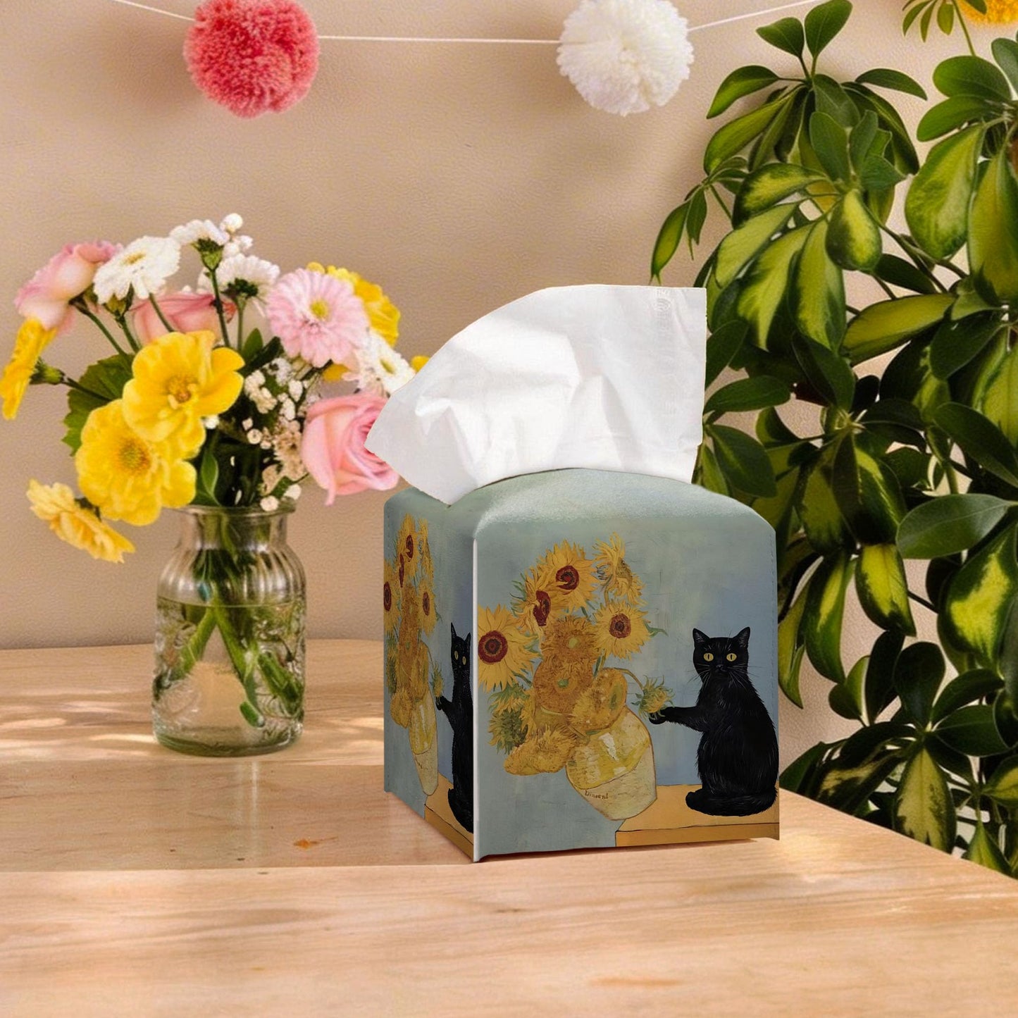 RWWNONW Vintage Black Cat Sunflowers Tissue Box Cover Square