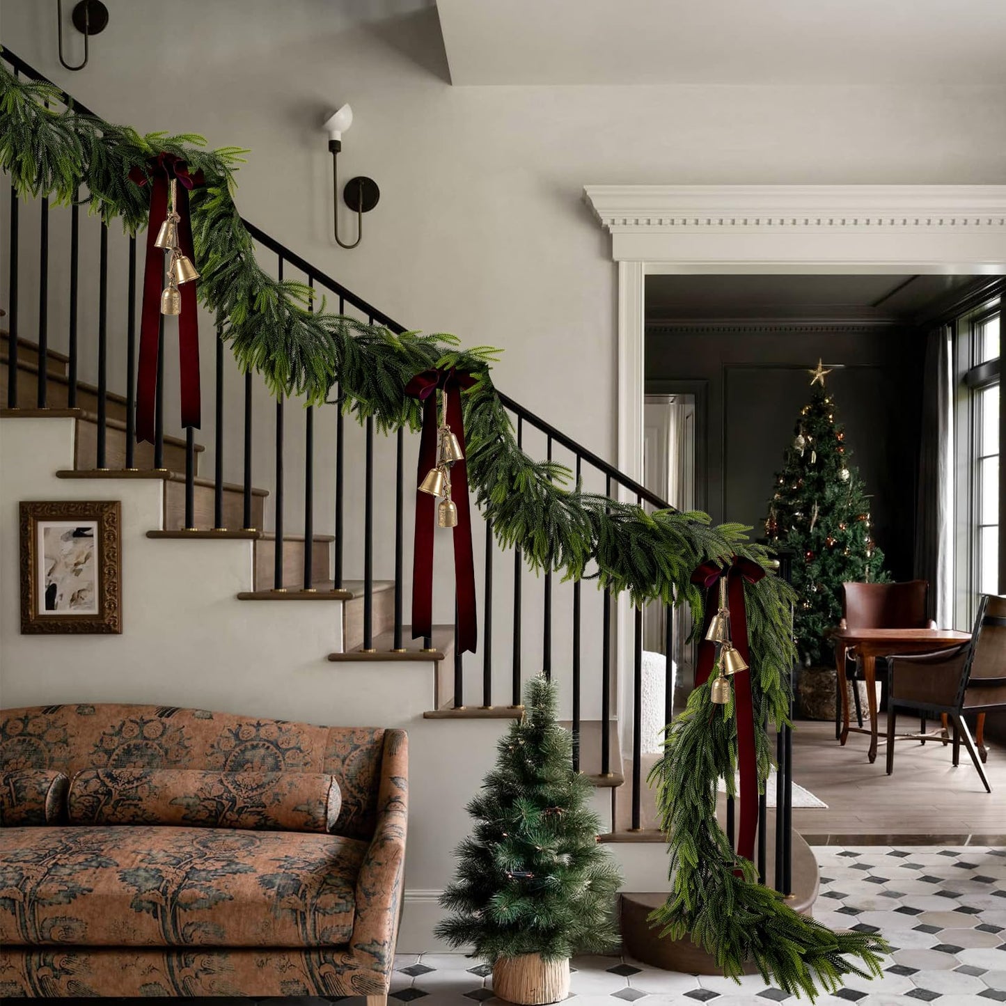 N&T NIETING 9FT Christmas Norfolk Pine Garland, Real Touch Pine Garlands Faux Greenery Garland Winter Christmas Garland for Table Mantle Holiday Indoor Outdoor Xmas Decorations (4 Pcs)