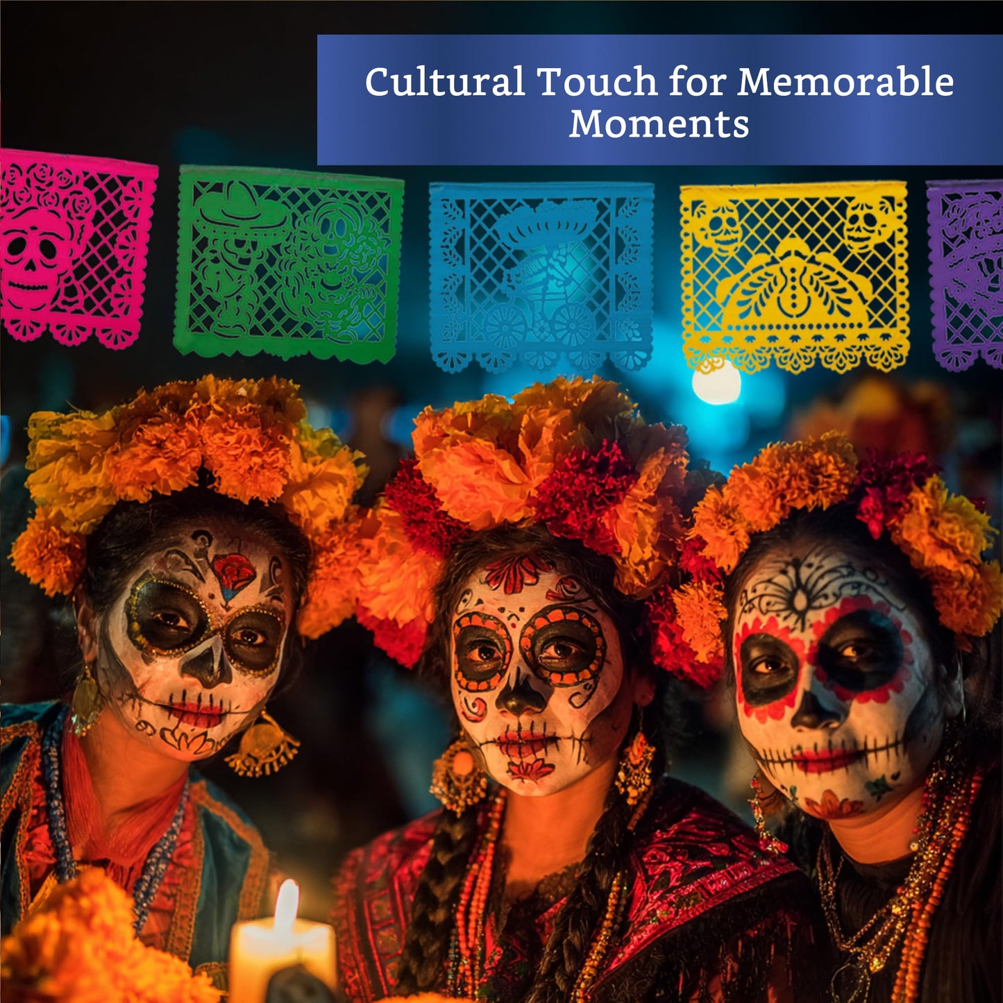 Mexican Party Banners (5 Pack - 10 Plastic Flag Designs per Banner) - Papel Picado Dia de Los Muertos Decorations for Altar - Day of the Dead Banners - Day of Dead Decor