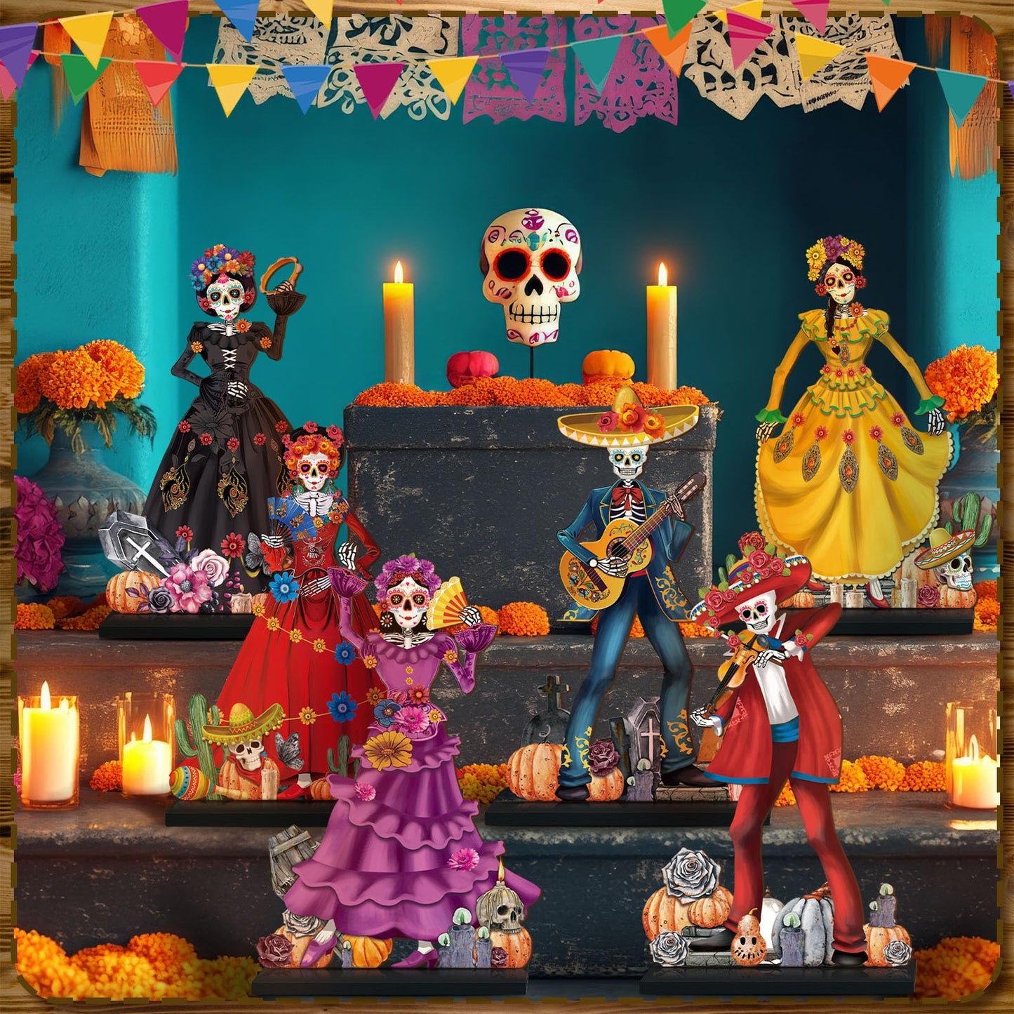 Amyhill 8 Pcs Day of The Dead Table Decorations Dia De Los Muertos Altar Wooden Centerpiece Dancing Couple Sugar Skull Decor Day of The Dead Decor Mexican Tabletop Detachable Sign for Halloween Party