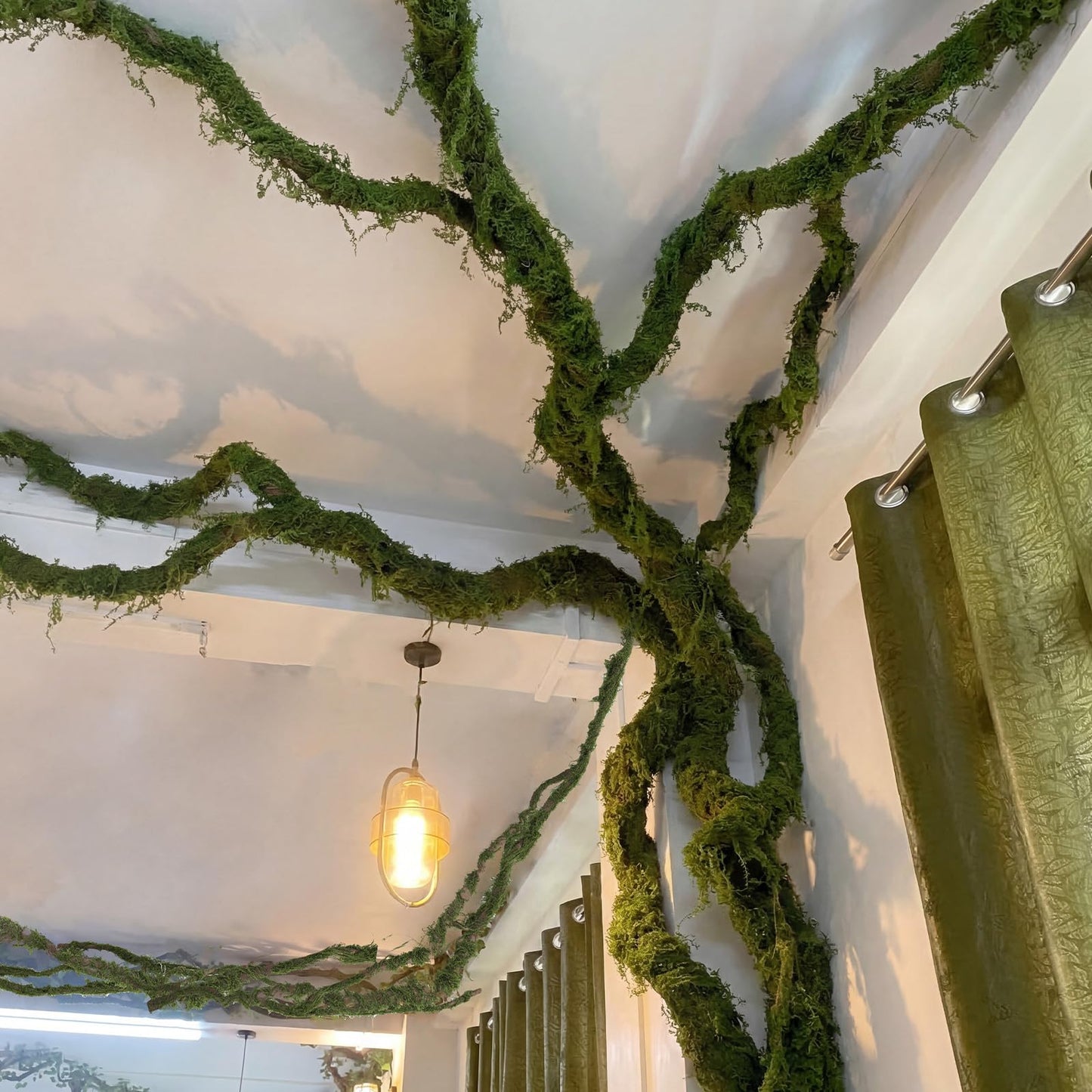 Janinka 4 Pcs 118in Large Bendable Artificial Tree Branches with Moss Enchanted Forest Decorations DIY Jungle Climber Vines Fake Moss Jungle Party Decor for Garden Landscape Reptile Habitat Decor