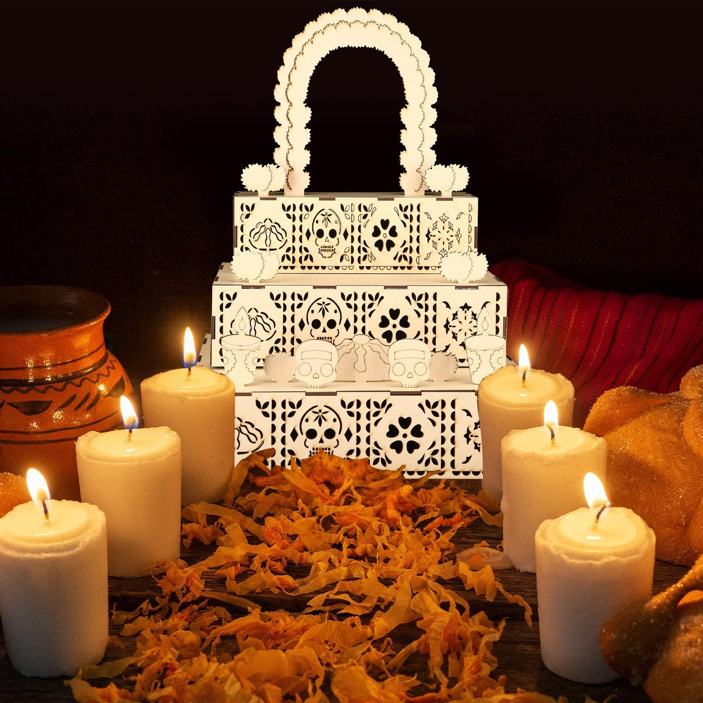 MotiMind Dia De Los Muertos Altar Ofrenda, Wooden Sugar Skull and Candle Papel Picado Day of The Dead Supplies with Photo Frame for Dia De Los Muertos Decor and Indian Diwali Decoration(Arch Style)