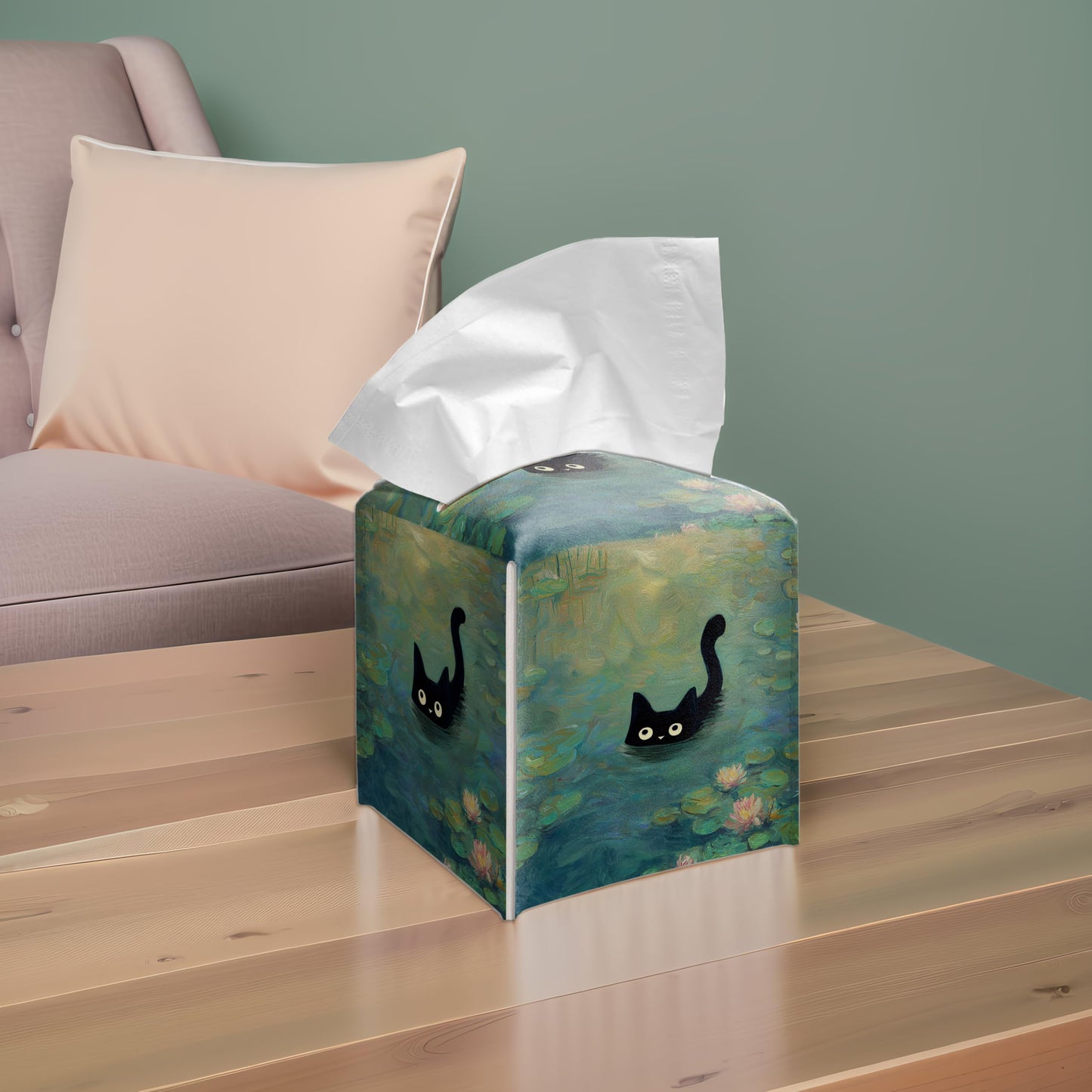 Black Cat Water Lily PU Leather Tissue Box Cover 5.2 Inch