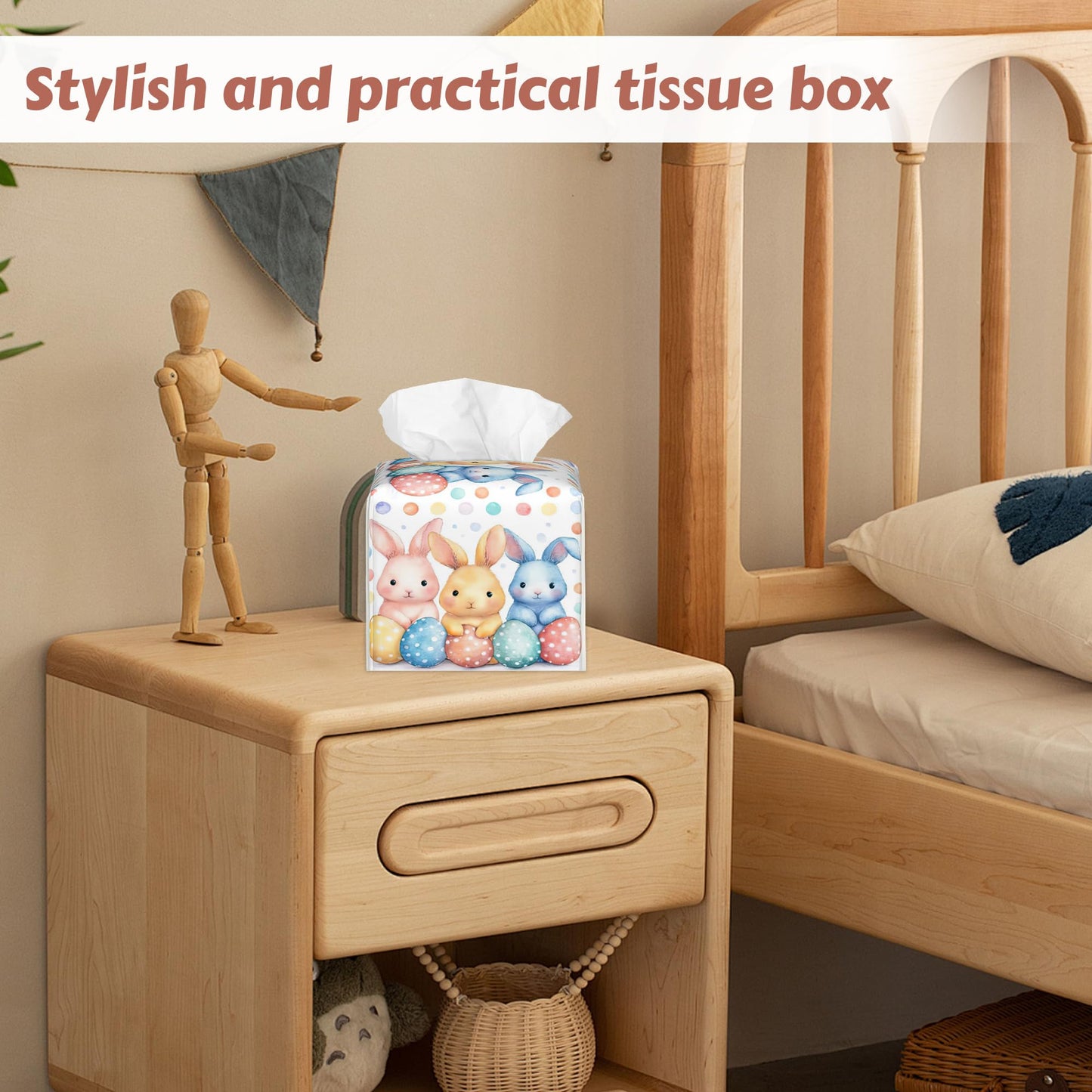 Easter Egg Bunny Tissue Box Holder, Leather Tissue Box Cover Square, Paper Facial Decorative Tissues Cover for Bathroom Home Car Nightstand Vanity Desk, 2 Pcs